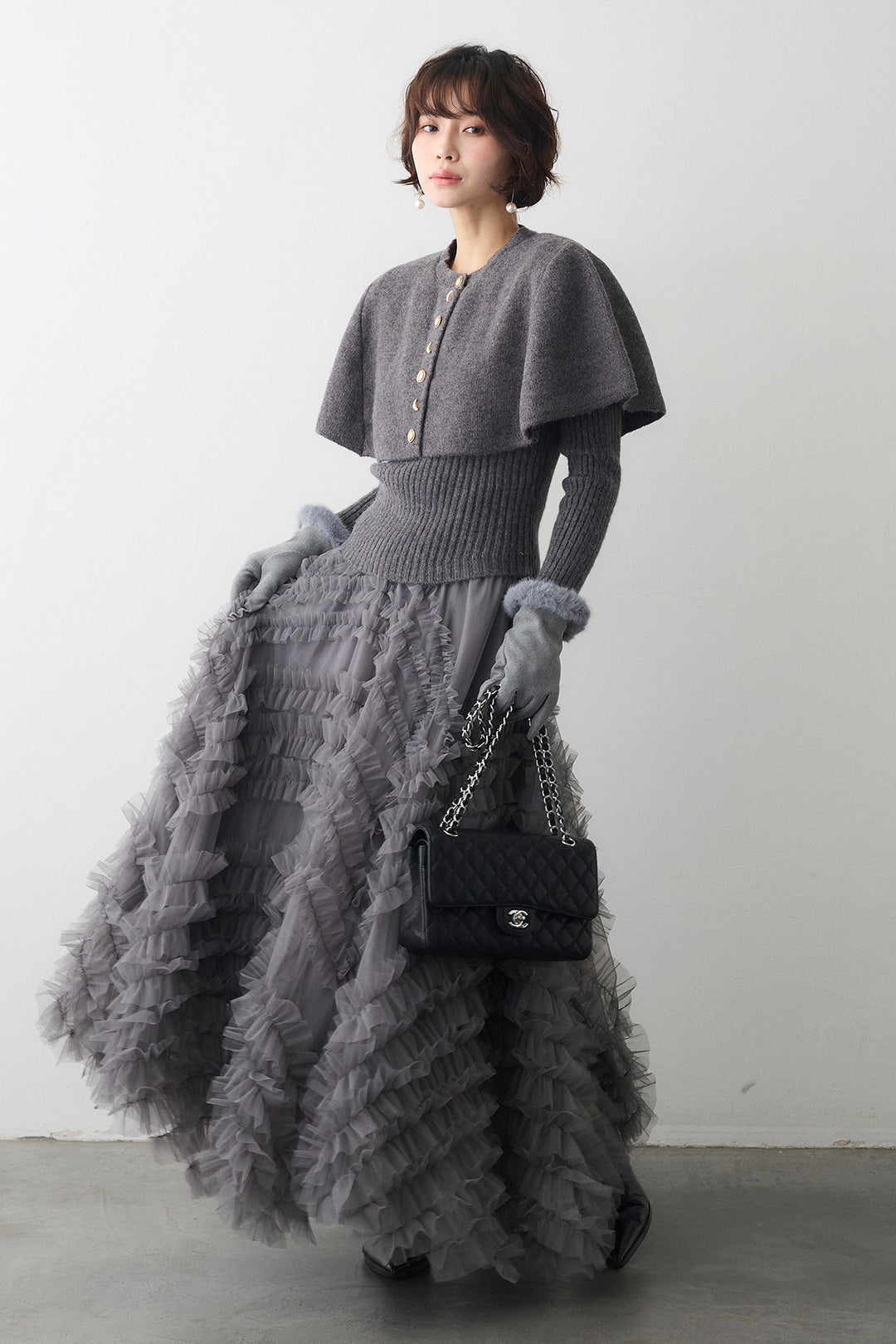 [予約/SET]ミックス釦ケープ2wayニット+スフレアシメチュールスカート(2set)