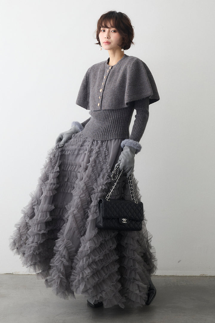[予約/SET]ミックス釦ケープ2wayニット+スフレアシメチュールスカート(2set)