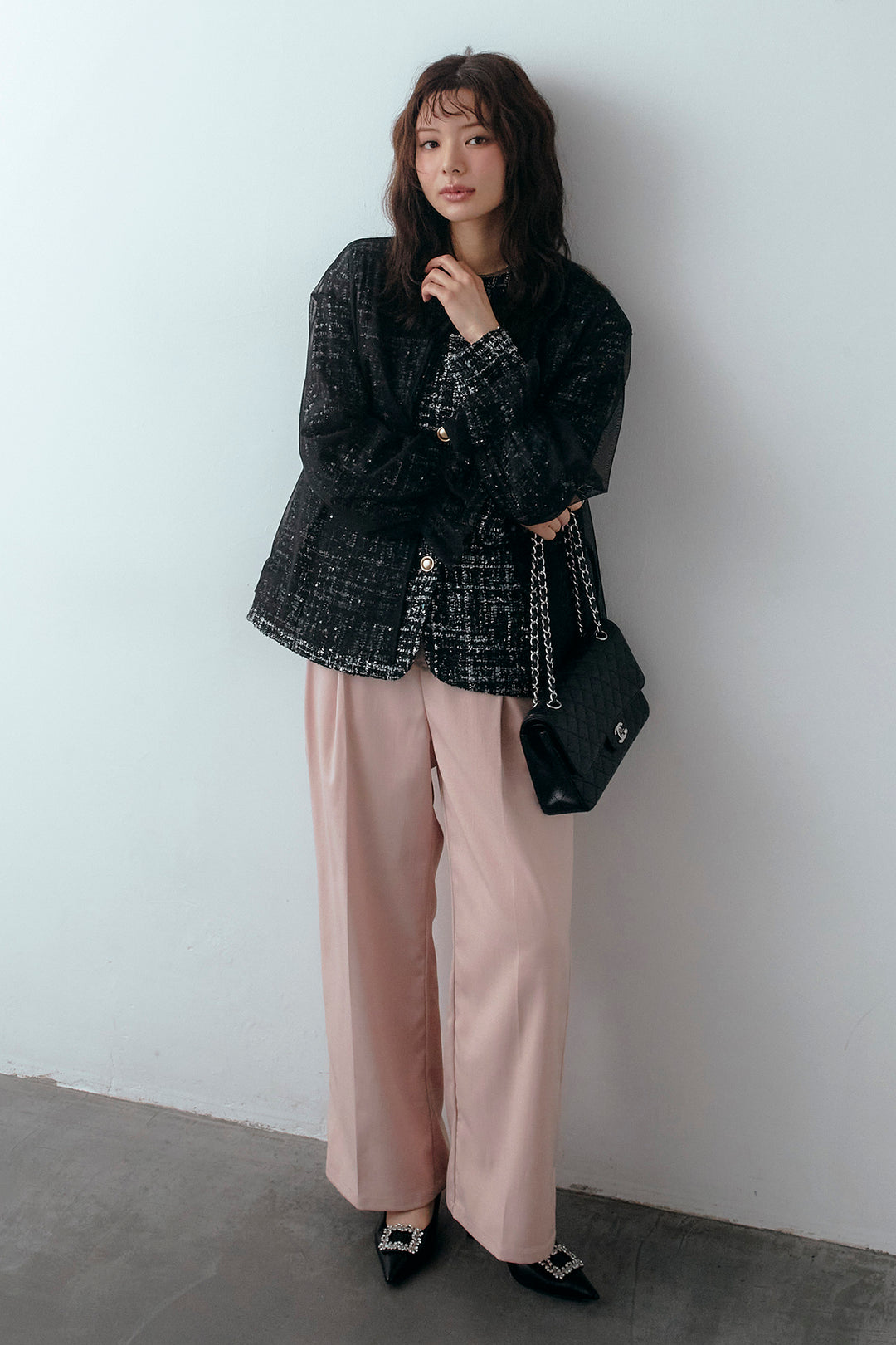 [予約/SET]2wayチュールレイヤードツイードジャケット+スプリングカラータックストレートパンツ(2set)