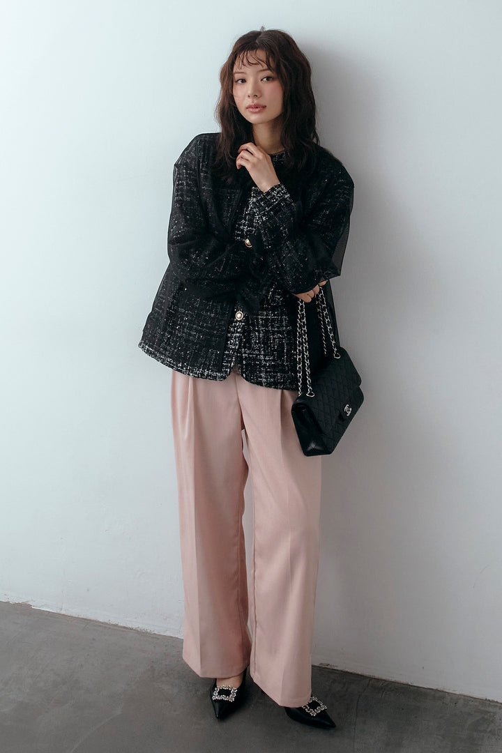 [予約/SET]2wayチュールレイヤードツイードジャケット+スプリングカラータックストレートパンツ(2set)