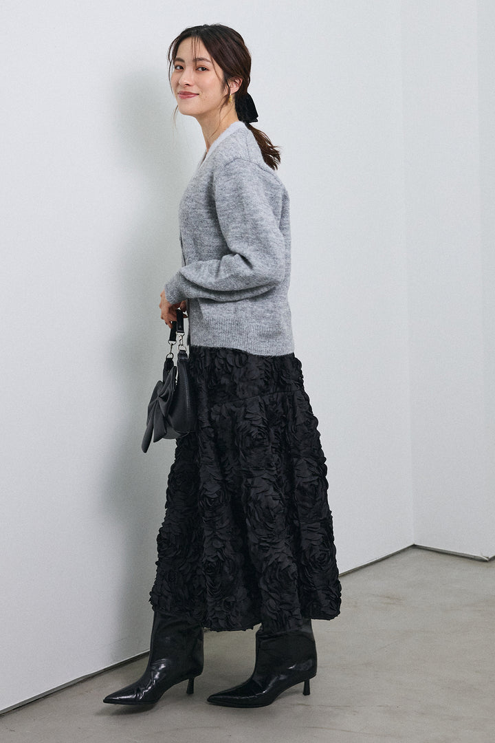 [予約/SET]配色レイヤードニットカーデ+ローズフラワー立体フレアスカート(2set)