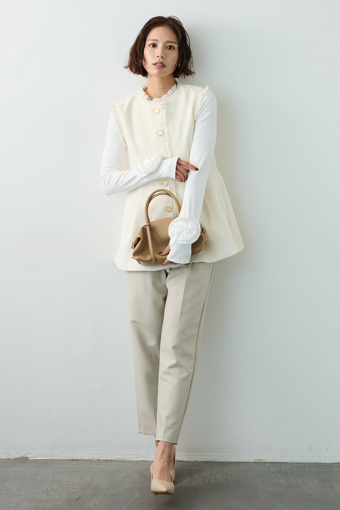 [予約/SET]ツイードペプラム美フォルムジレ+タックテーパードパンツ(2set)