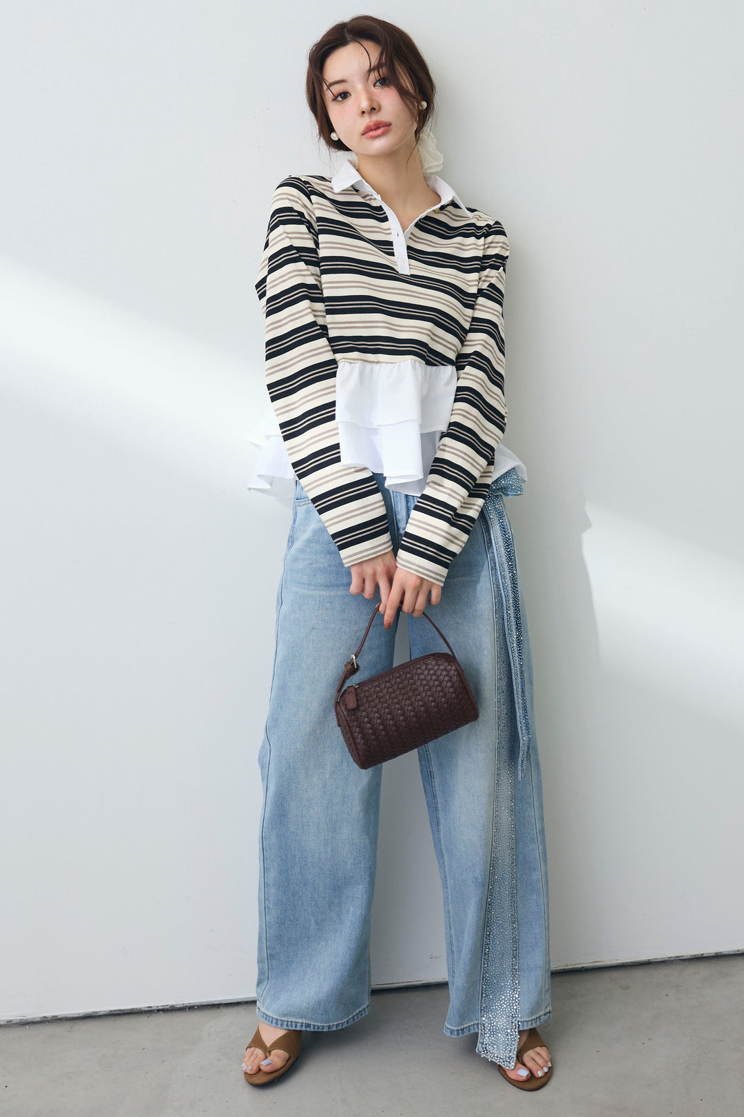 [予約]サイドリボンストーンデザインデニムパンツ