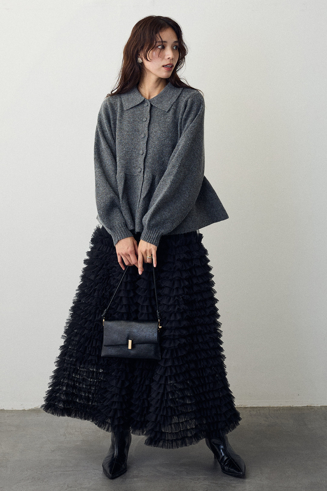 [予約/SET]ポロ襟ペプラムニットプルオーバー+ホイップチュールティアードスカート(2set)