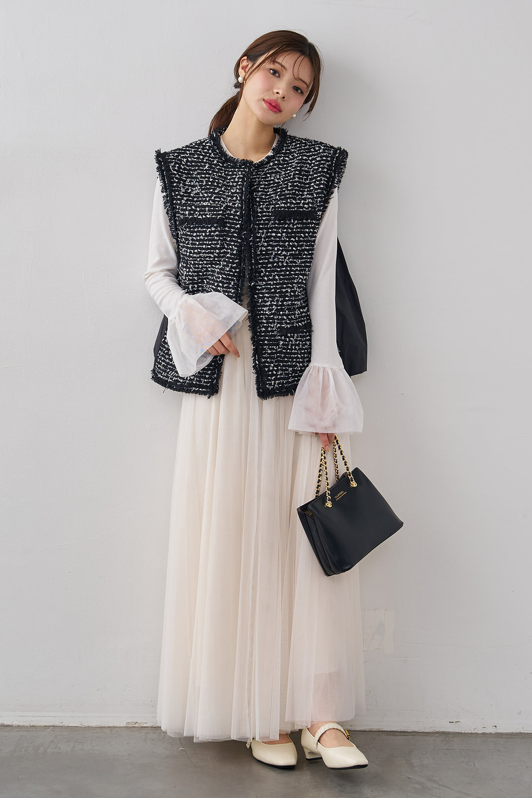 [予約/SET]チュールシアーカフスリブニット+異素材切り替えツイードベスト+エアリーチュールフレアスカート(3set)