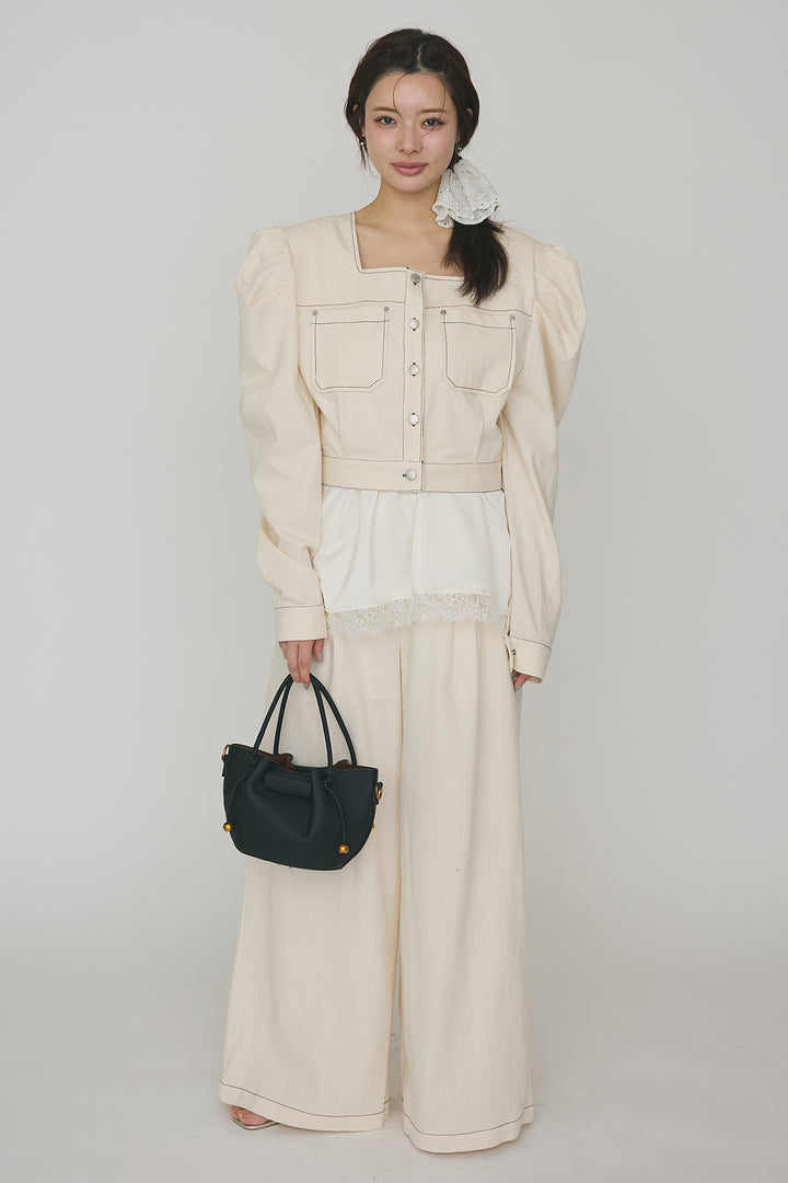 [予約/SET]マットサテンレースキャミソール+ステッチパフスリーブクロップドジャケット+ステッチデザインハイウエストデニムパンツ(3set)