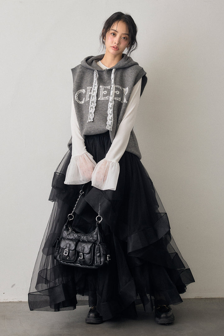 [予約/SET]チュールシアーカフスリブニット+レースリボンロゴフードスリーブレスニット+ランダムフリルティアードボリュームスカート(3set)