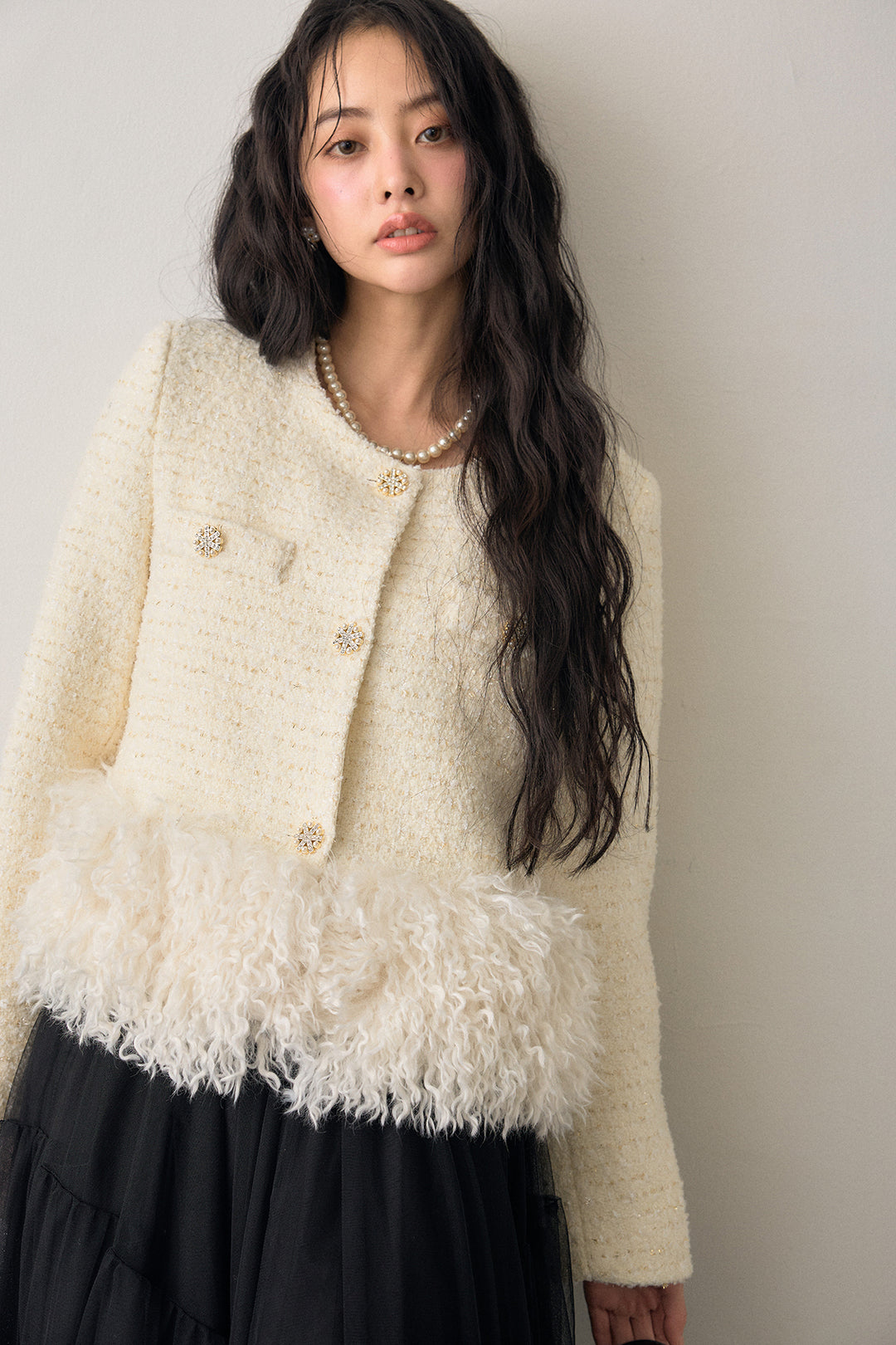 [予約/SET]中綿ツイードロングファードッキングジャケット+フェアリードレープチュールスカート(2set)