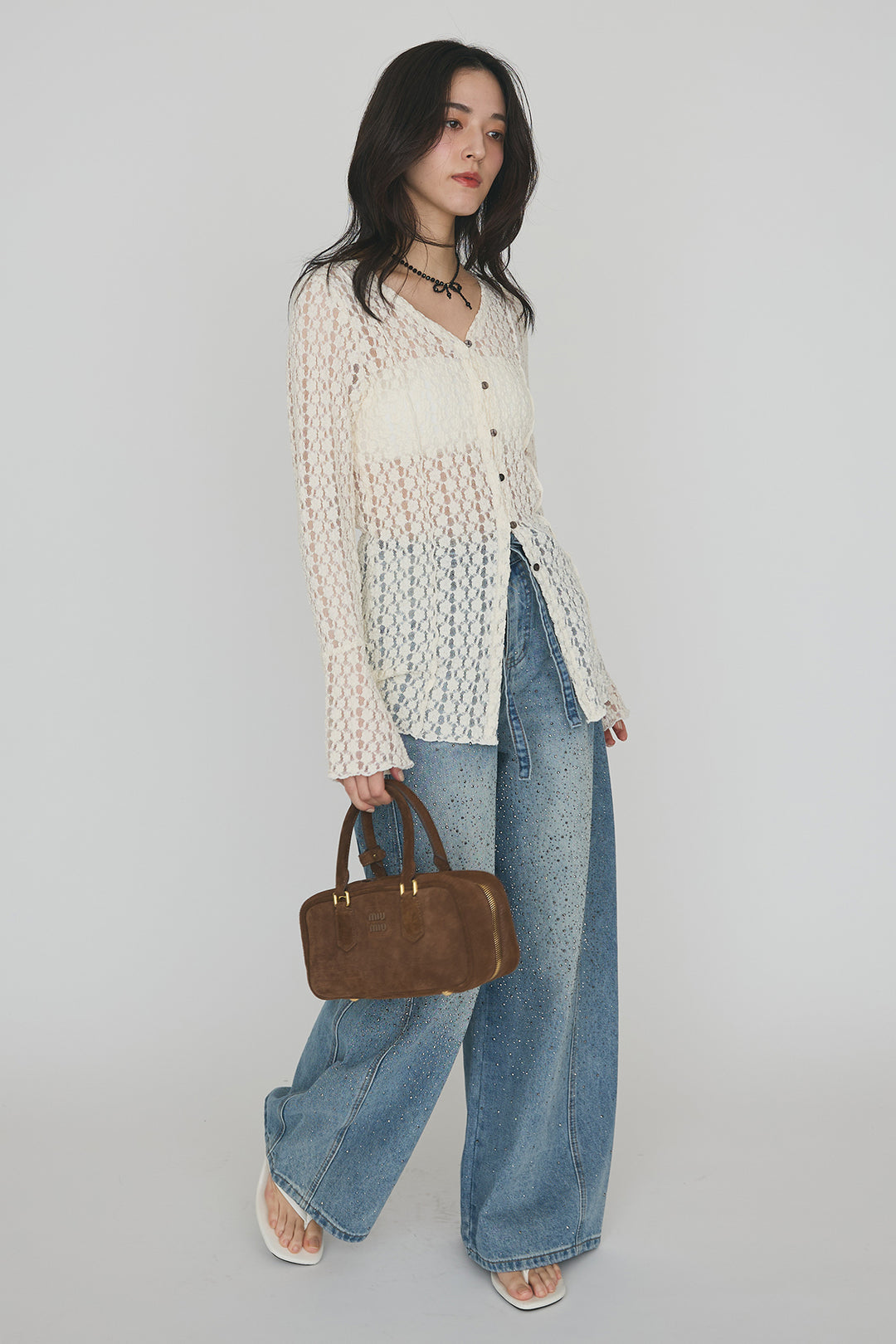 [予約/SET]カットレースフラワーVネックカーデ+ラインストーン美ラインデニム(2set)