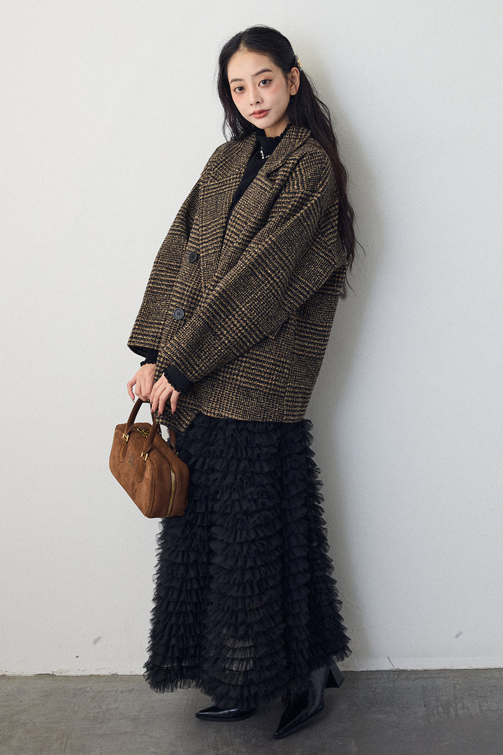 [予約/SET]ネックショルダーパールポイントニット+チェック柄ボクシーコート+ホイップチュールティアードスカート(3set)
