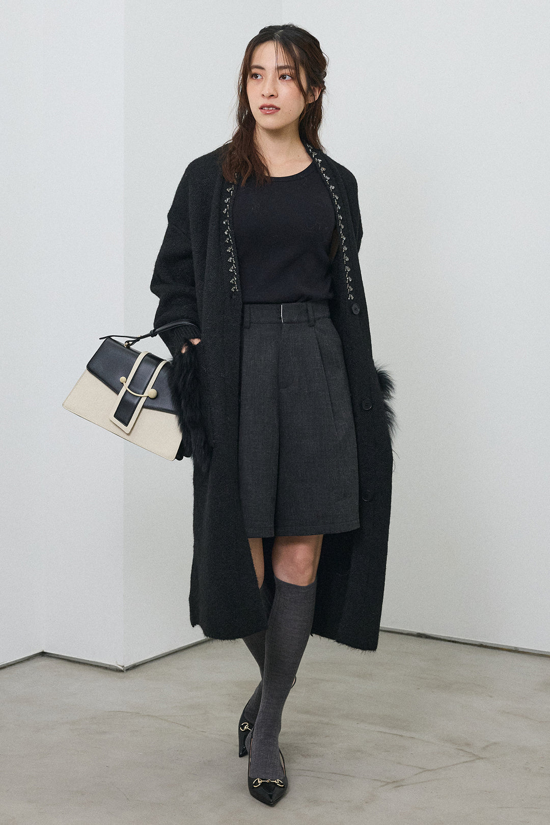 [予約/SET]ファーポケットロングニットカーデ+ウールタッチセンタープレスハーフパンツ(2set)