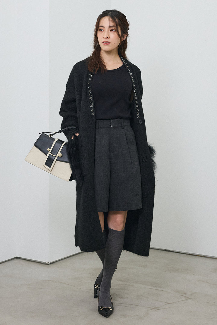 [予約/SET]ファーポケットロングニットカーデ+ウールタッチセンタープレスハーフパンツ(2set)