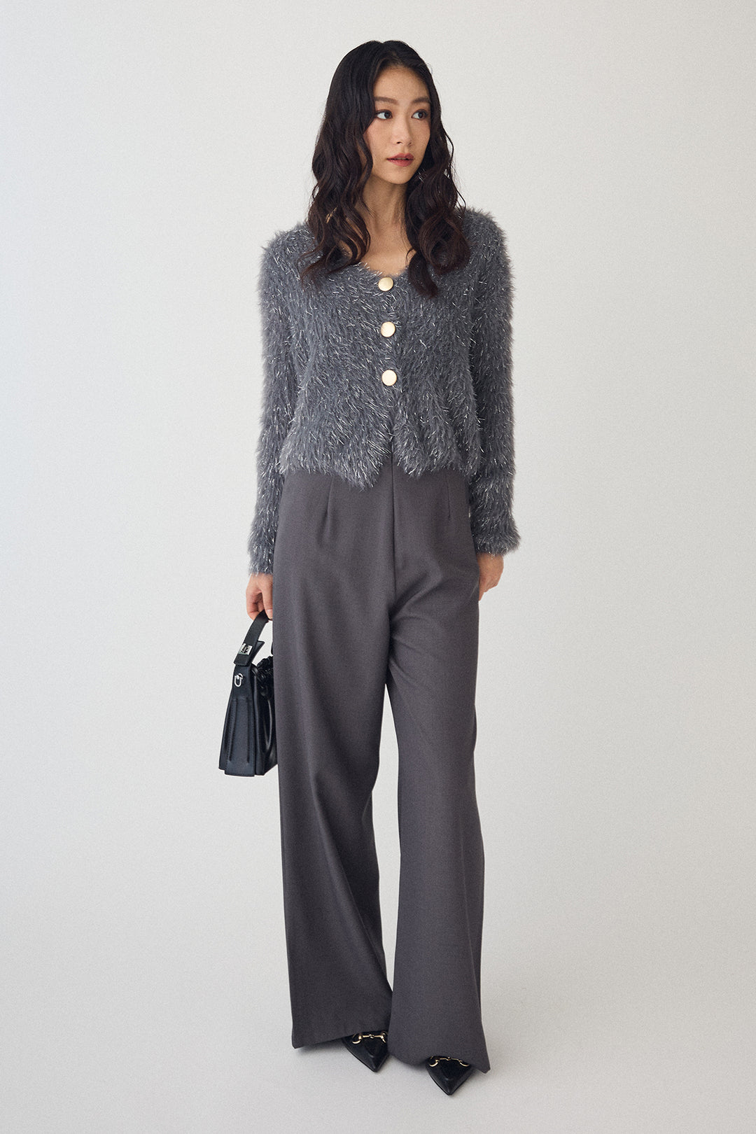 [予約/SET]ゴールドボタンラメシャギーニット+バックリボンストレートパンツ(2set)