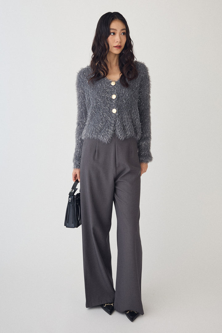 [予約/SET]ゴールドボタンラメシャギーニット+バックリボンストレートパンツ(2set)