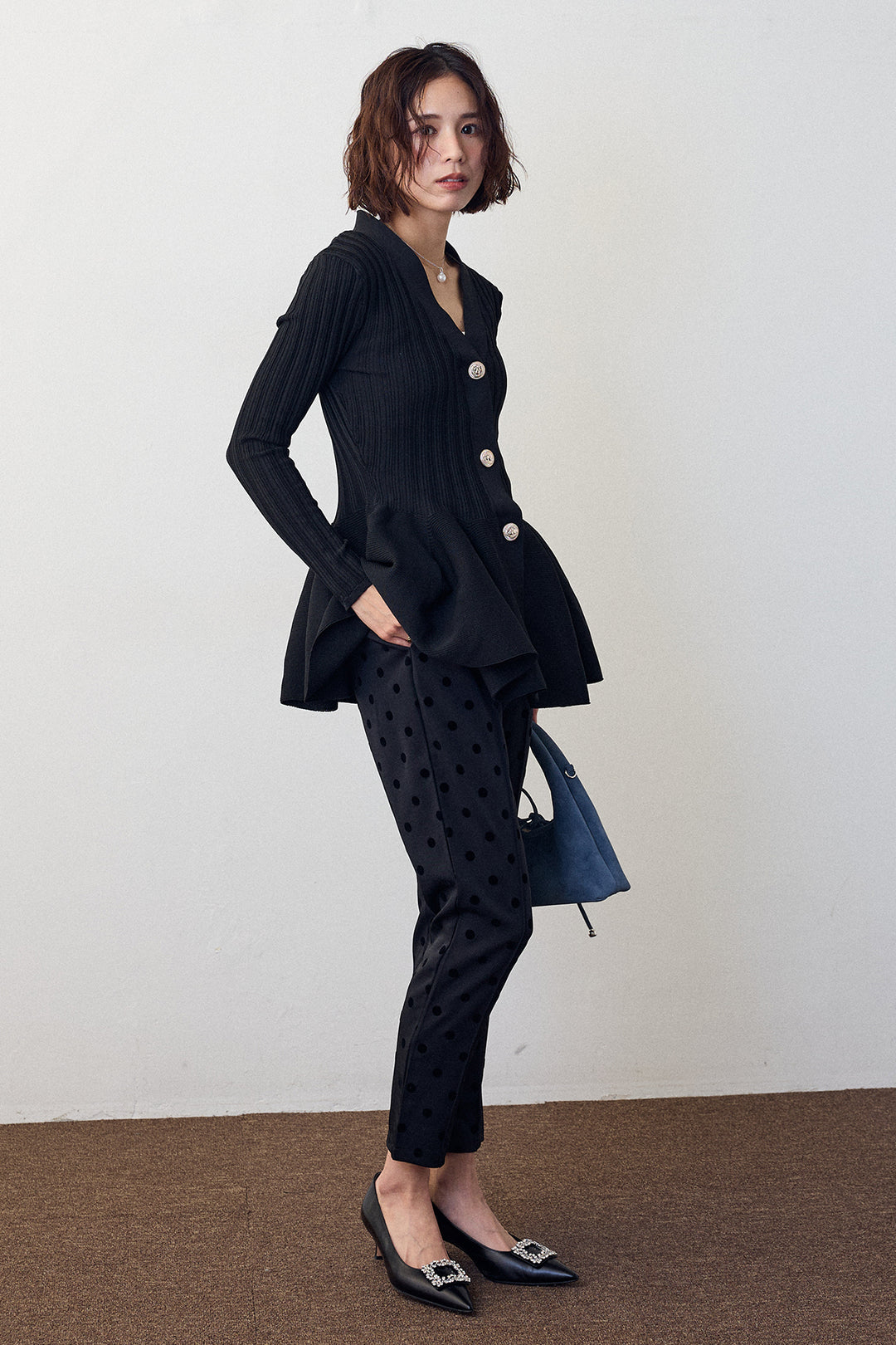 [予約/SET]リブ美ラインペプラムニット+ドット柄センターラインテーパードパンツ(2set)