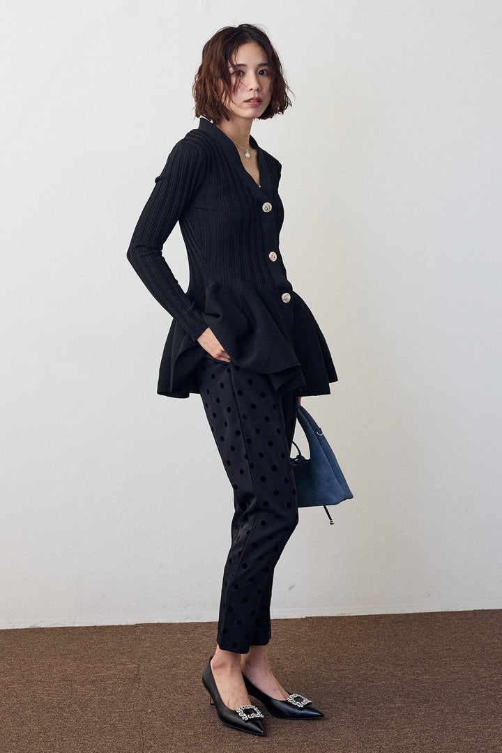 [予約/SET]リブ美ラインペプラムニット+ドット柄センターラインテーパードパンツ(2set)