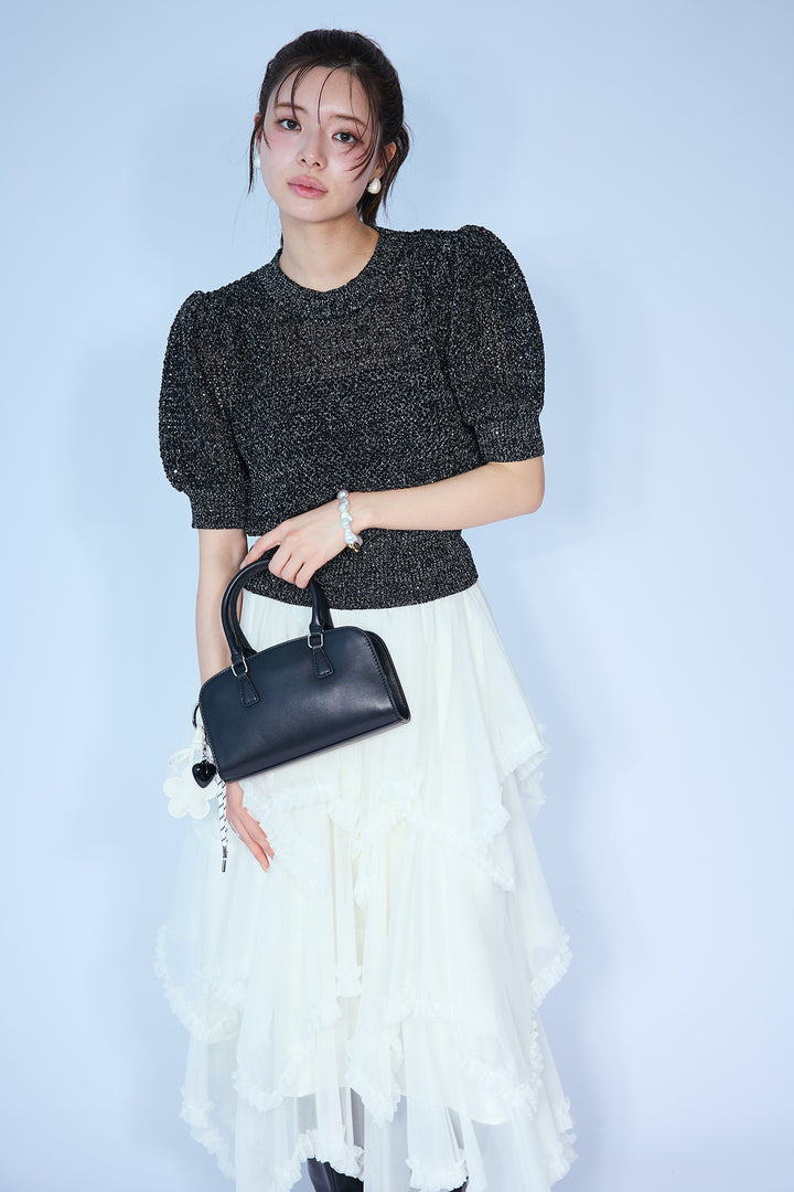 [予約/SET]ラメ混パフスリーブハーフスリーブニット+ムードチュールフリルスカート(2set)