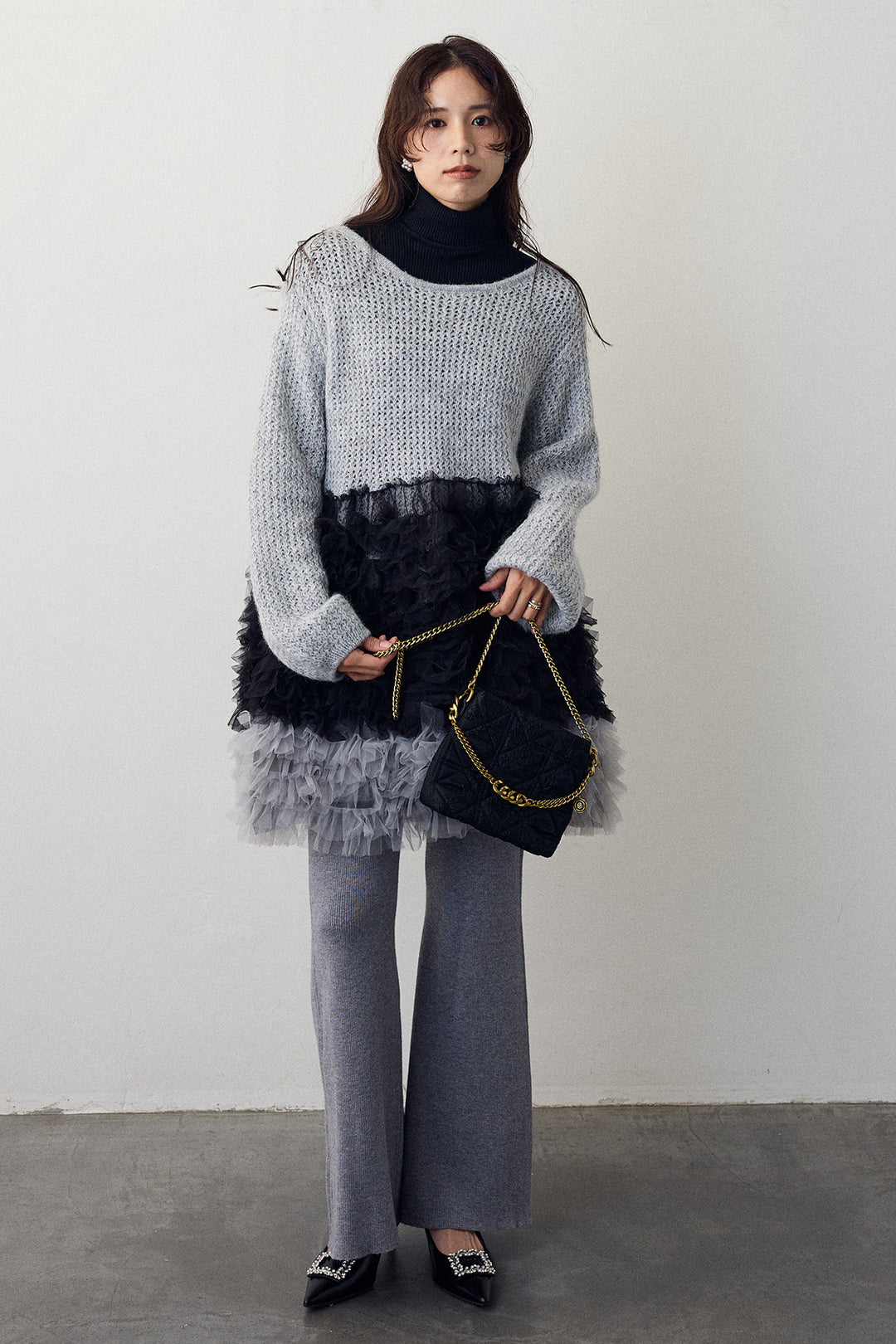 [予約/SET]ホイップチュールドッキングニットワンピ+リブストレッチフレアニットパンツ(2set)