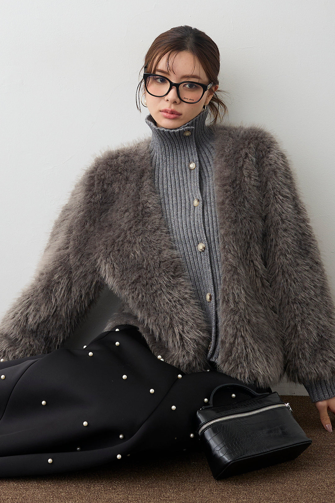 [予約/SET]シャギーファー×リブニットミックスジャケット+マルチパターンボンディングフレアスカート(2set)