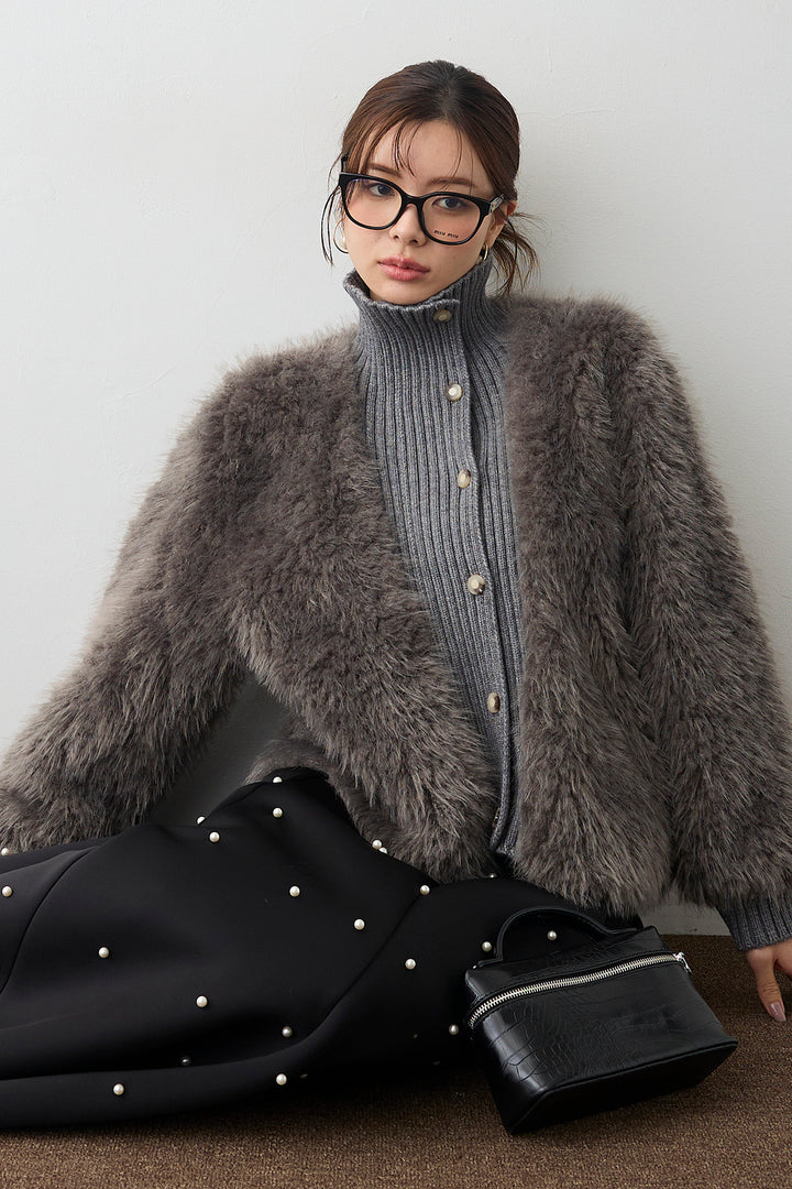 [予約/SET]シャギーファー×リブニットミックスジャケット+マルチパターンボンディングフレアスカート(2set)