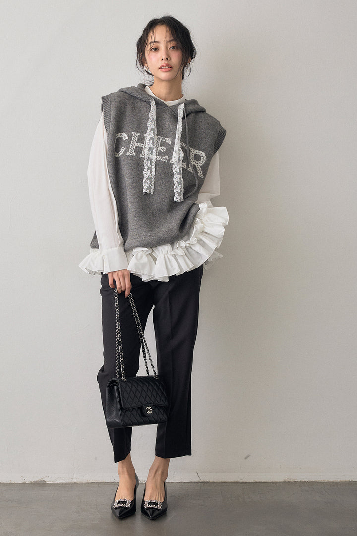 [予約/SET]レースリボンロゴフードスリーブレスニット+タックテーパードパンツ(2set)