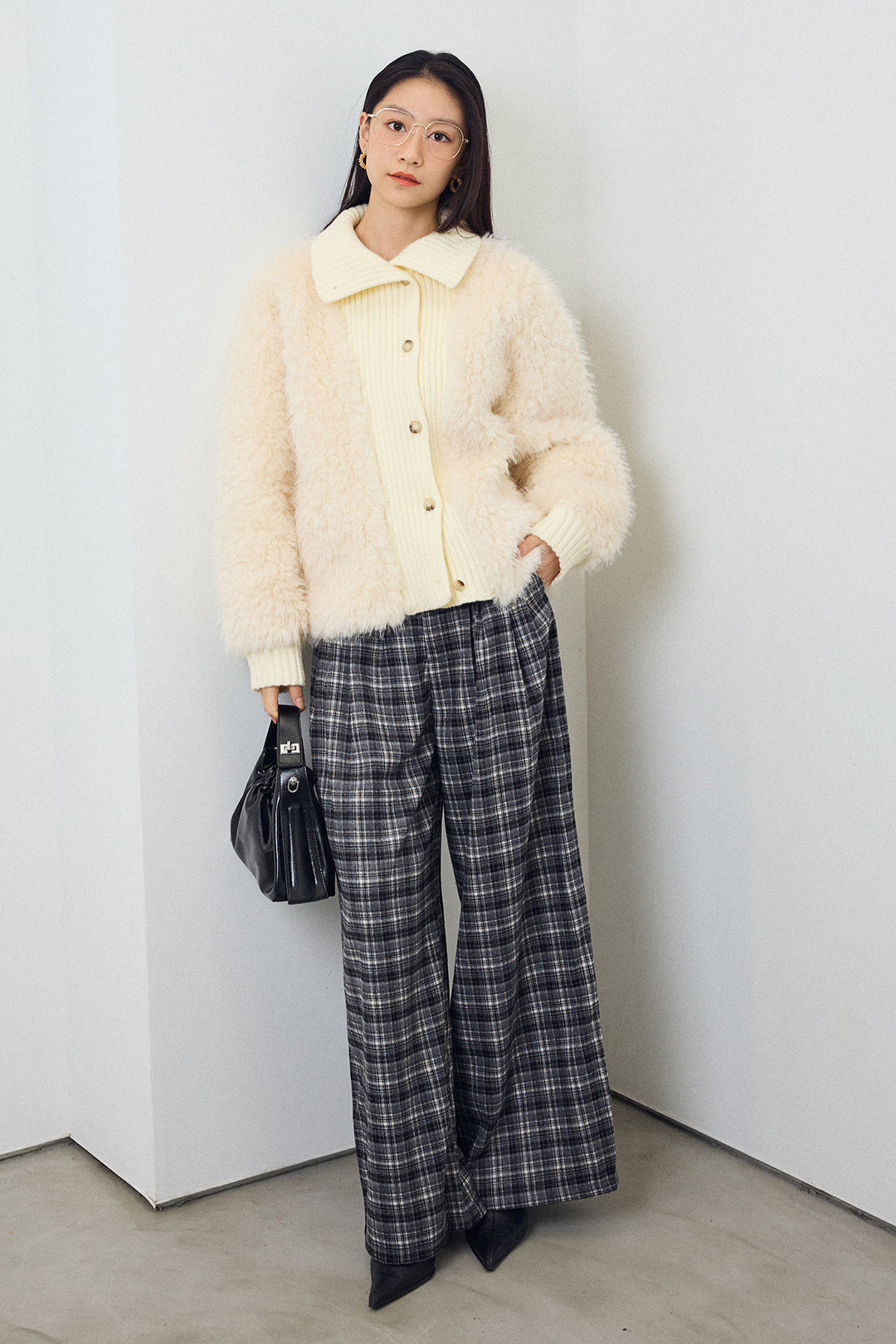 [予約/SET]シャギーファー×リブニットミックスジャケット+ハイウエストチェックセミワイドパンツ(2set)