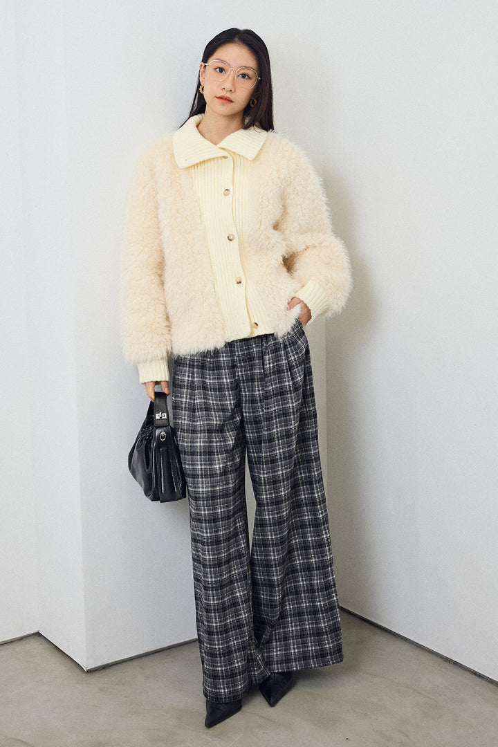 [予約/SET]シャギーファー×リブニットミックスジャケット+ハイウエストチェックセミワイドパンツ(2set)