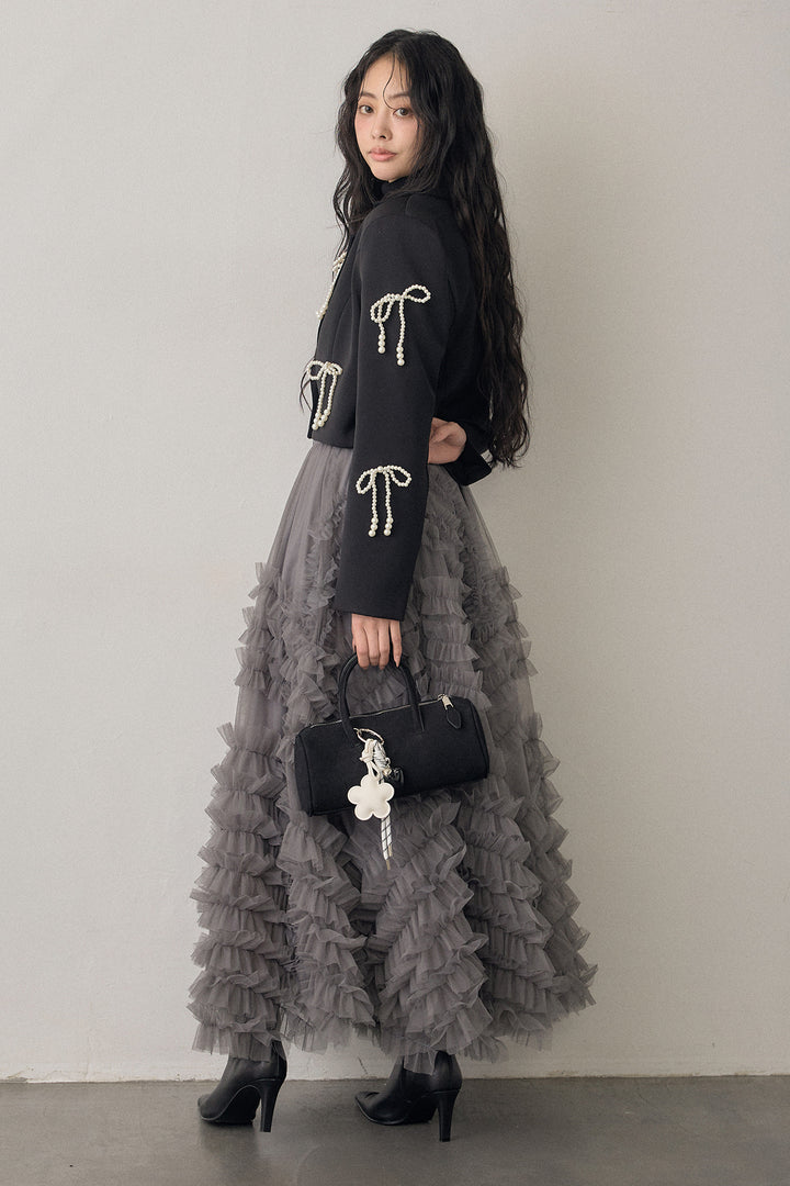 [予約/SET]パールリボンクロップドジャケット+スフレアシメチュールスカート(2set)