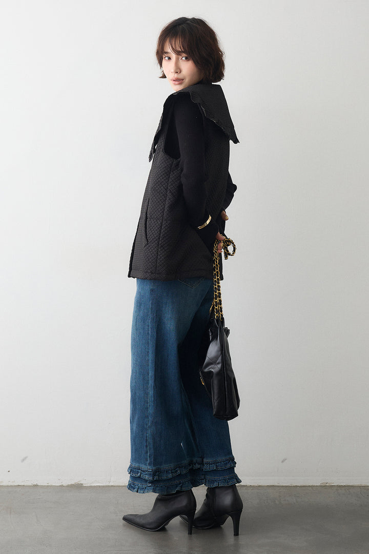 [予約/SET]ベーシックフィンガーホールリブニット+スカラップBIGカラーベスト+フリルヘムデニムパンツ(3set)