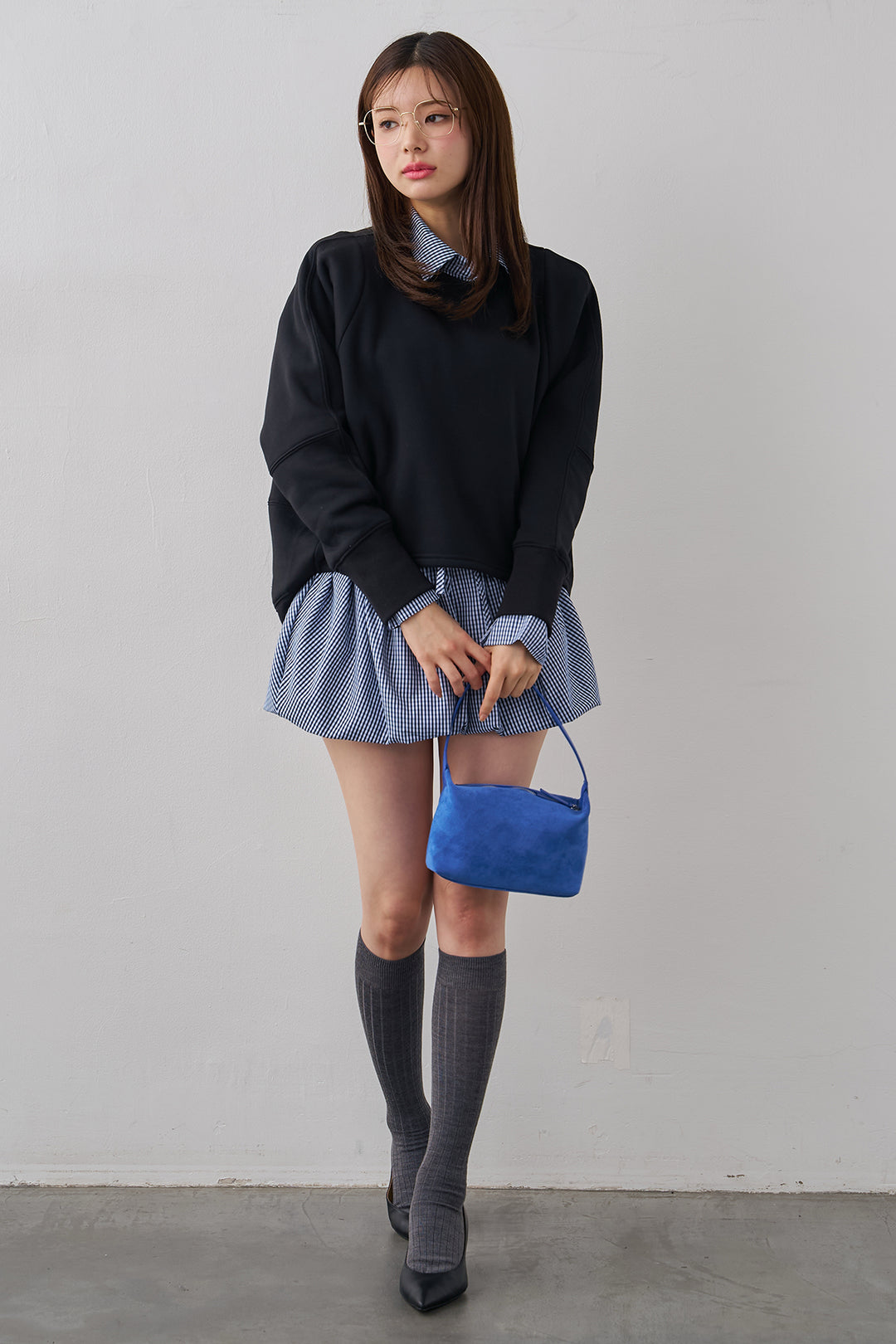 [予約/SET]ギンガムチェックバルーンミニボトムセットアップ+コクーンシルエットライトスウェットPO(2set)