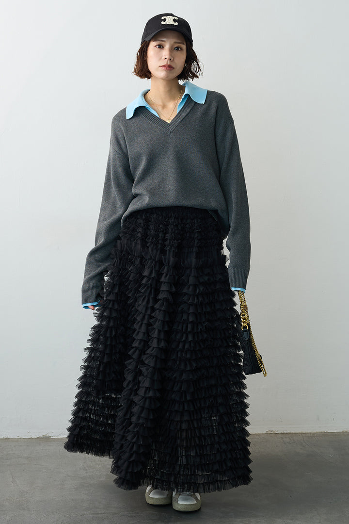 [予約/SET]配色襟レイヤード風ニット+ホイップチュールティアードスカート(2set)