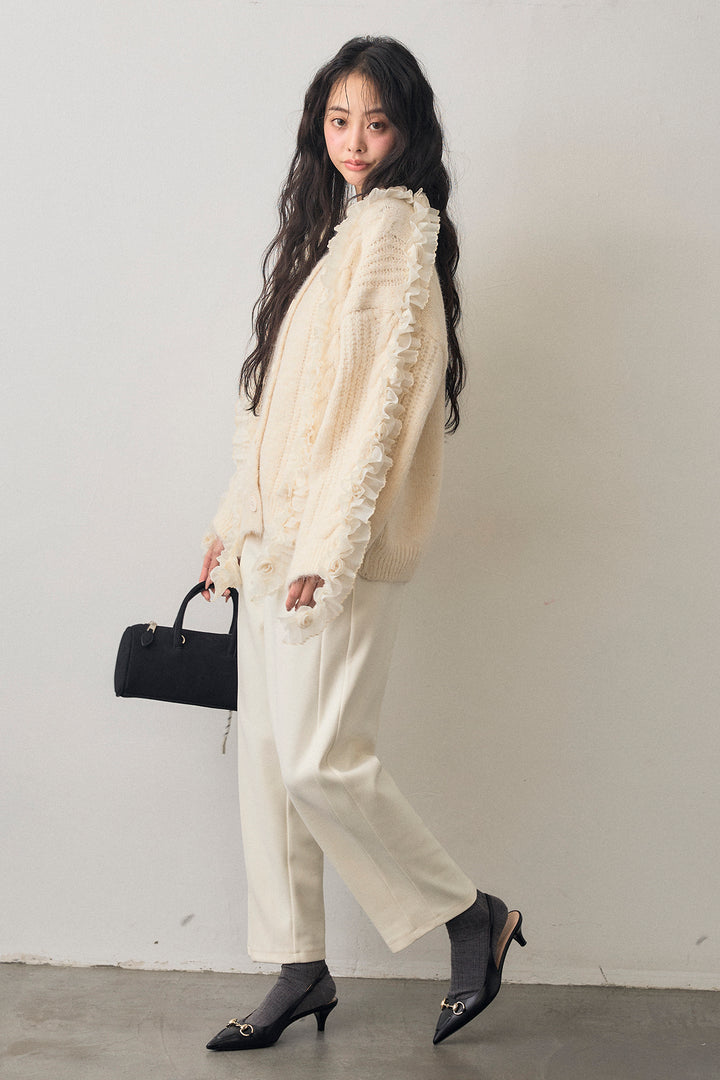 [予約/SET]フリルローズドッキングニットカーデ+ウォームセンタープレス美ラインテーパードパンツ(2set)