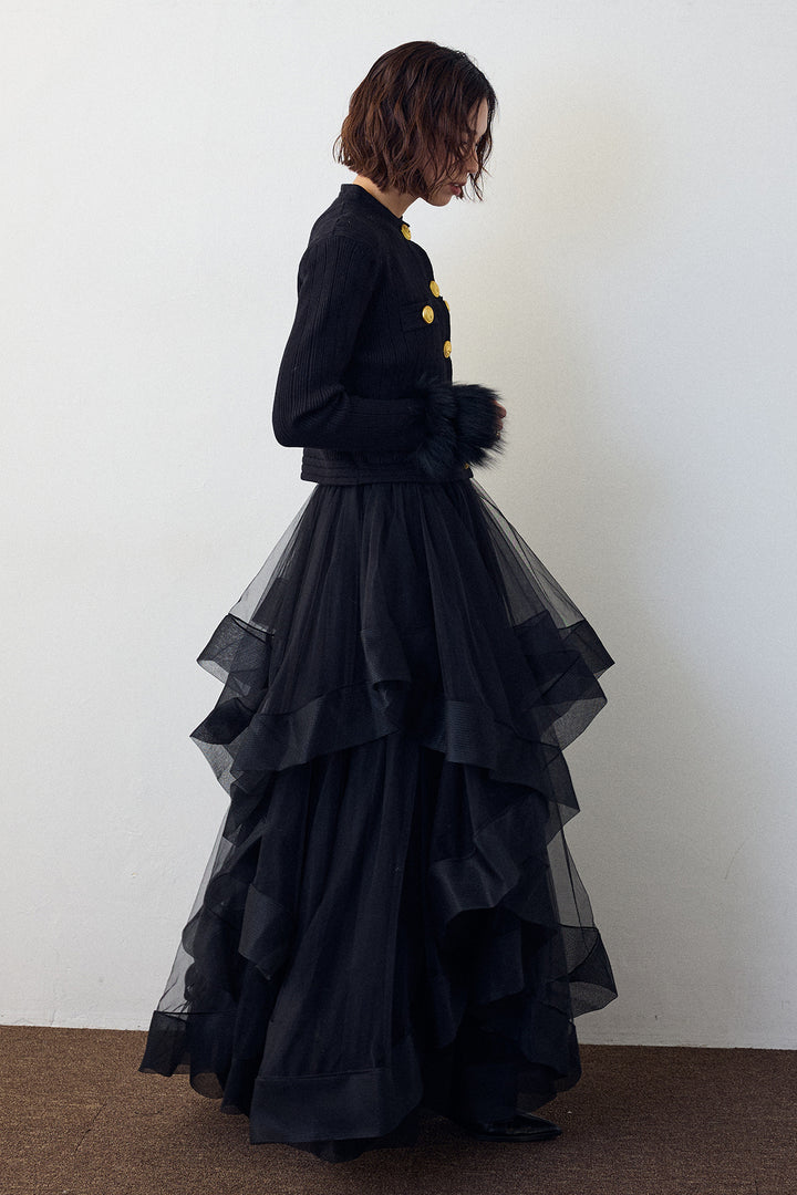 [予約/SET]ダブルファーラインスリーブニットカーデ+ランダムフリルティアードボリュームスカート(2set)