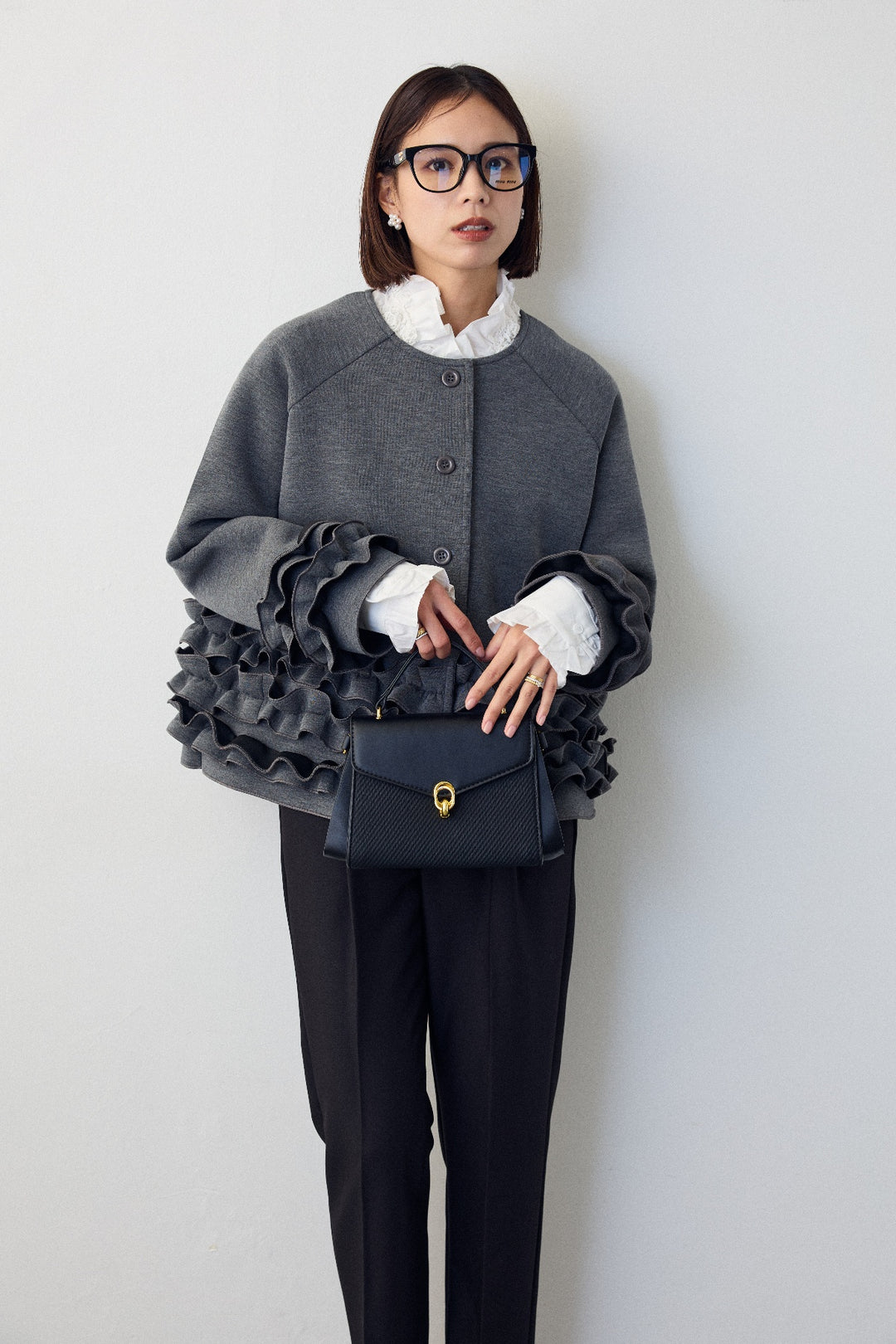 [予約/SET]フリルティアードボンディングクロップドコート+タックテーパードパンツ(2set)