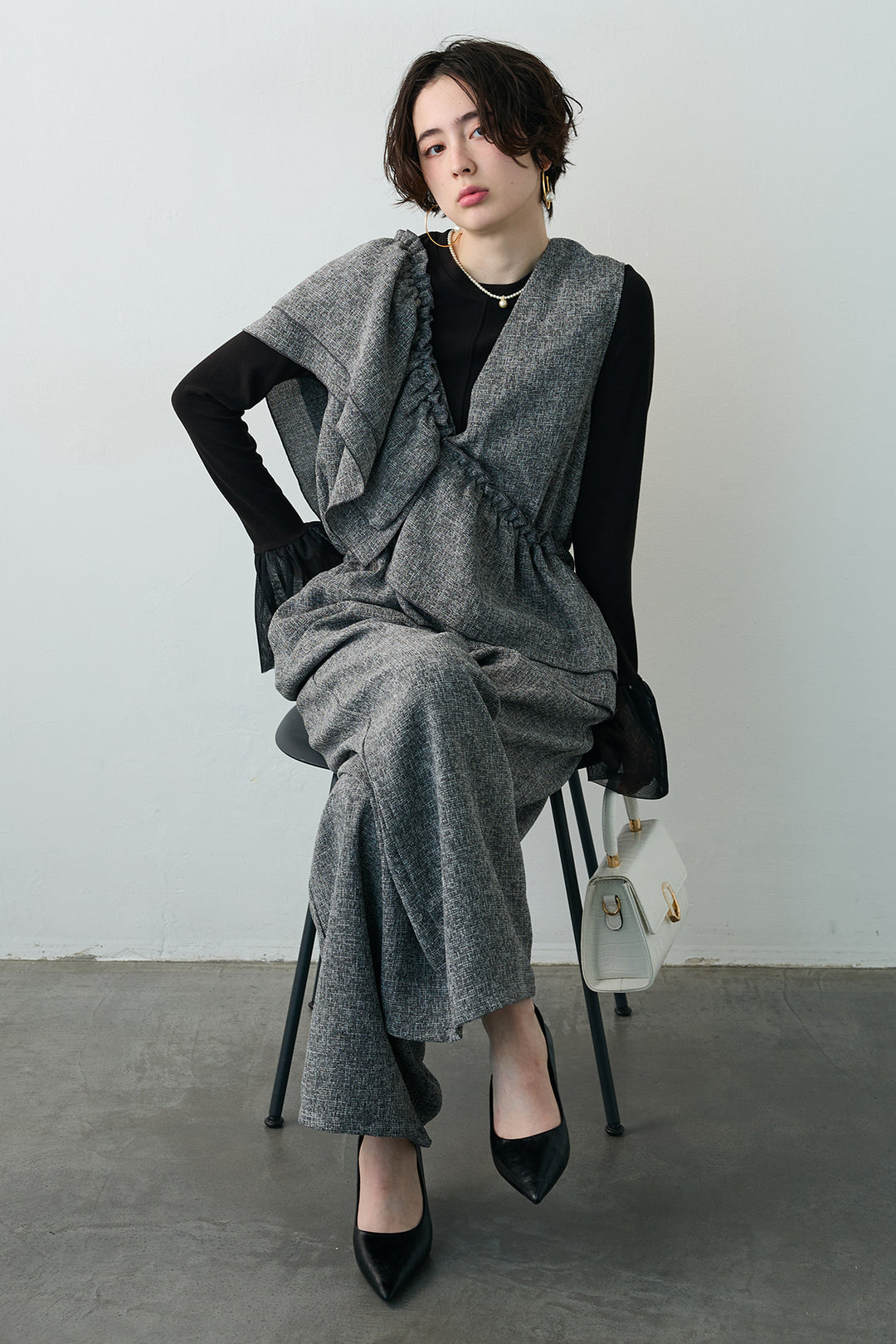 [予約/SET]サイドギャザーフレアチュールカフストップス+サマーツイードマルチウェイロンパース(2set)