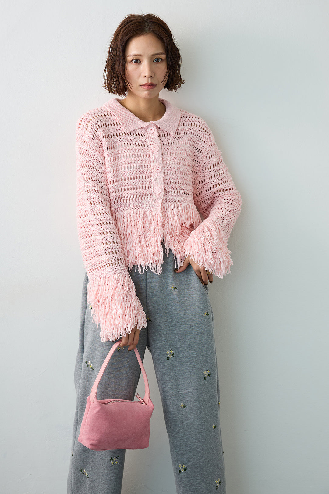 [予約/SET]メッシュフリンジクロップドニット+フラワー刺繍ストレートポンチパンツ(2set)