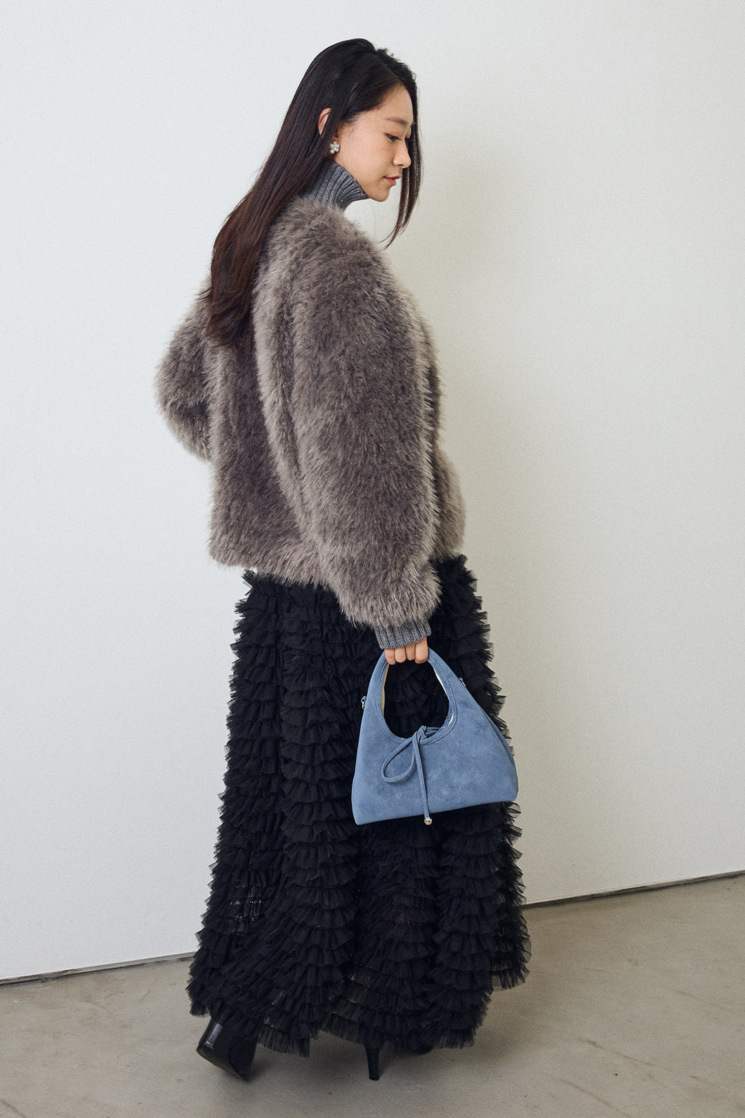 [予約/SET]シャギーファー×リブニットミックスジャケット+ホイップチュールティアードスカート(2set)