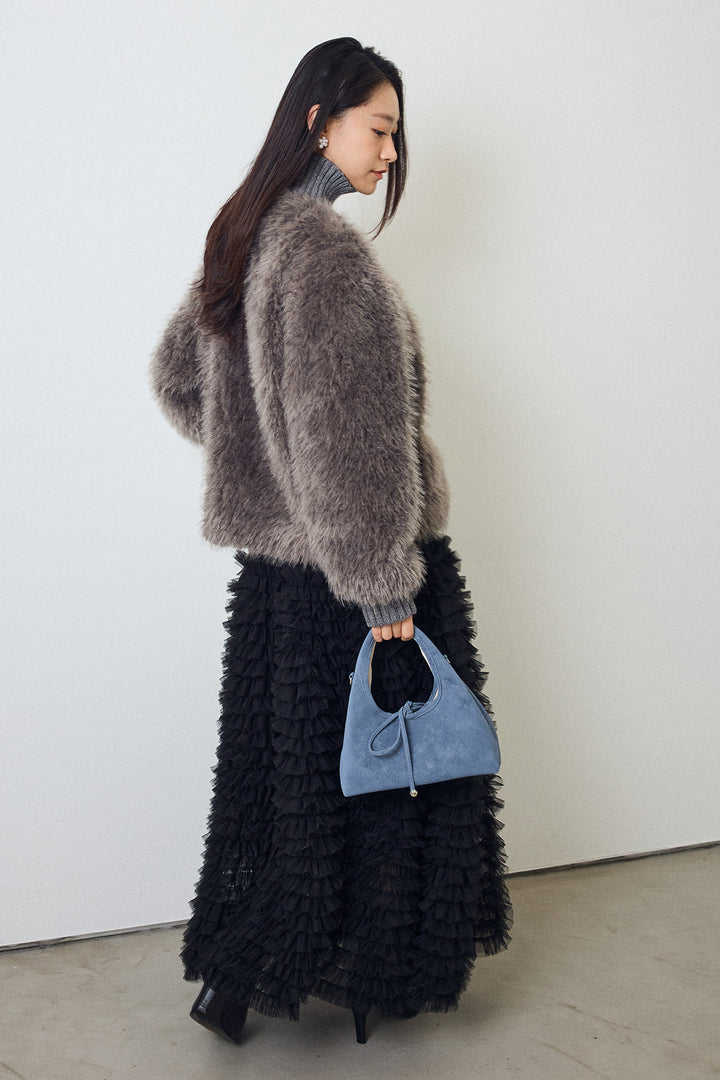 [予約/SET]シャギーファー×リブニットミックスジャケット+ホイップチュールティアードスカート(2set)