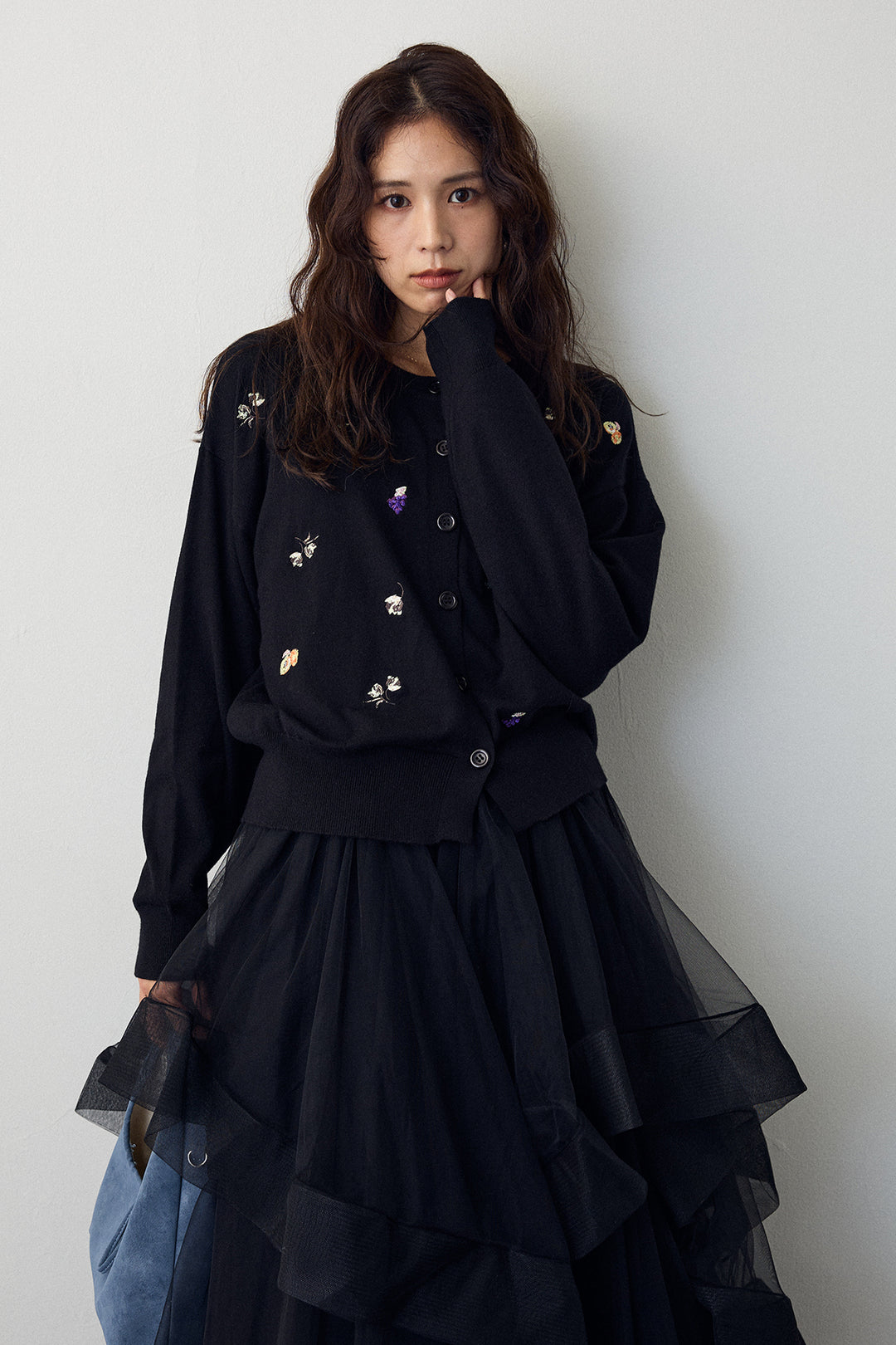 [予約/SET]フルーツフラワー刺繍ニットカーデ+ランダムフリルティアードボリュームスカート(2set)