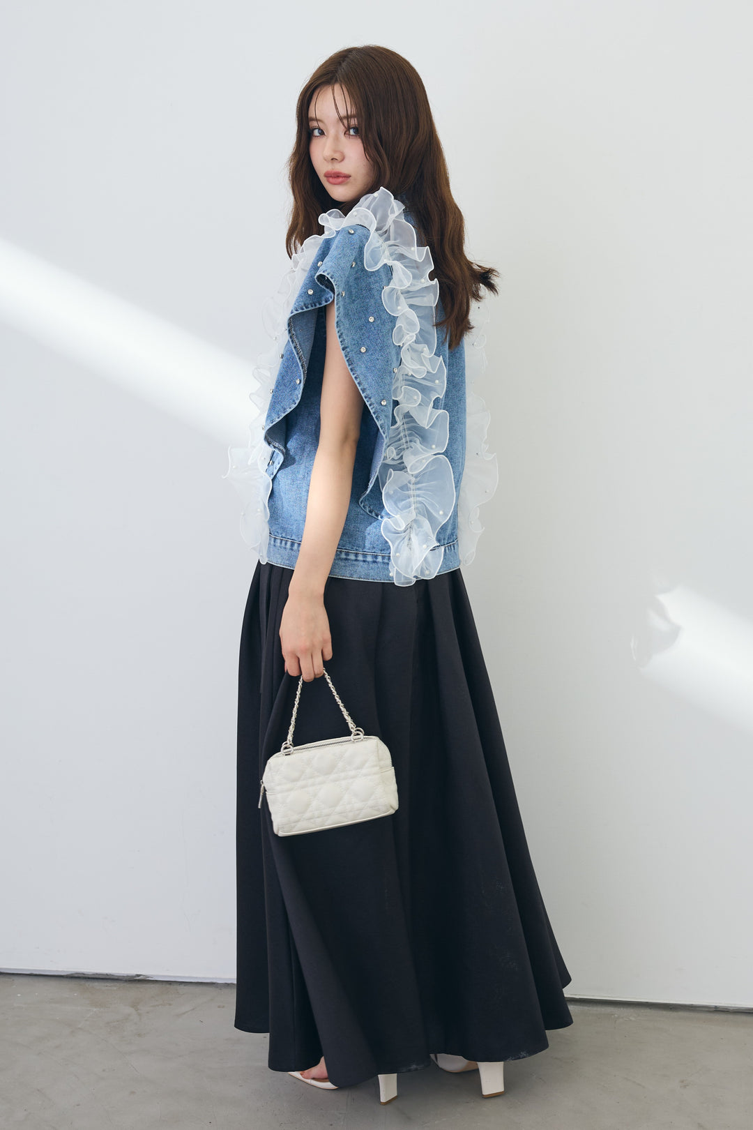 [予約/SET]フリル＆パールデコレイトデニムベスト+シャインウエストタックフレアスカート(2set)