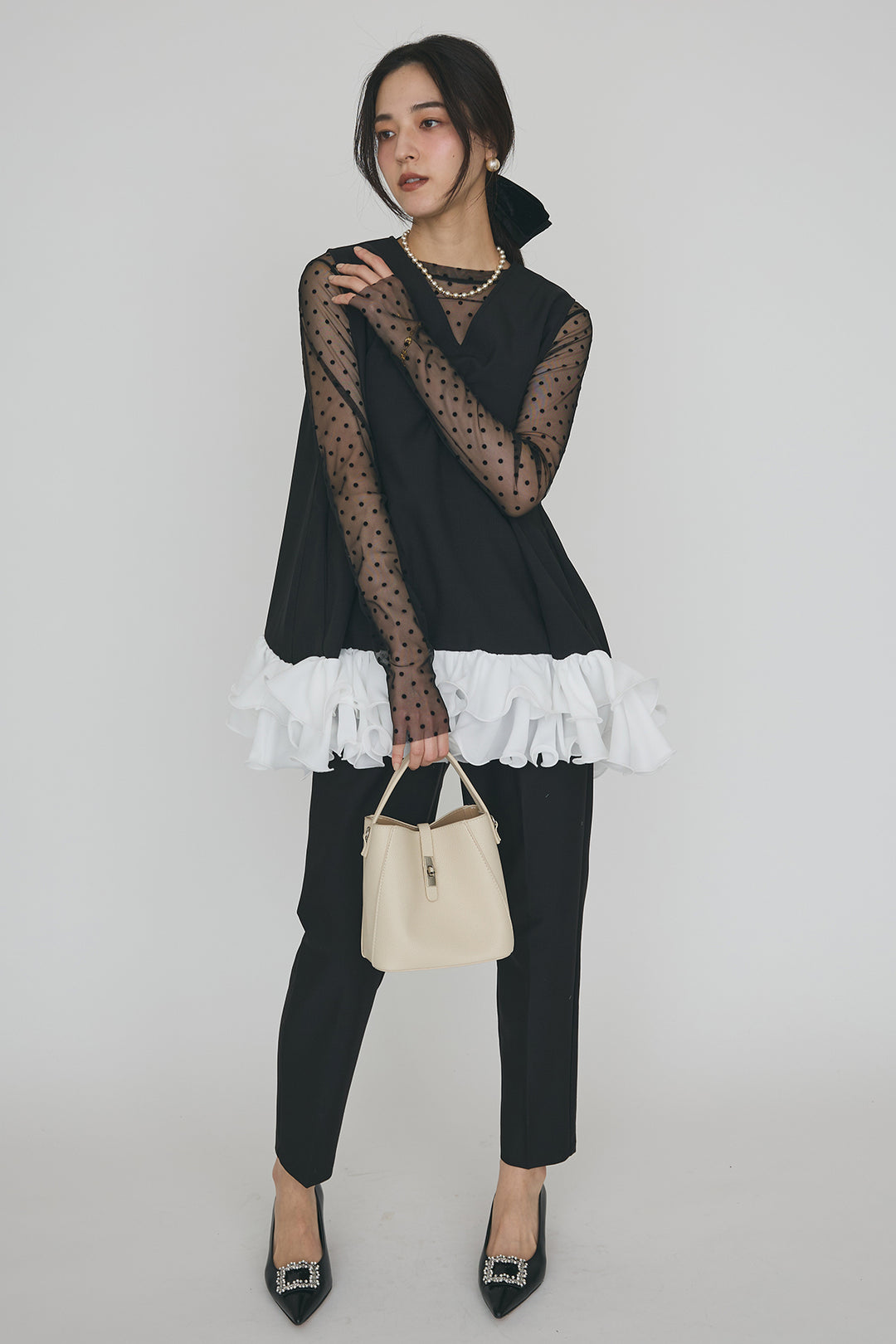 [予約/SET]異素材フリルヘムVネックチュニック+タックテーパードパンツ(2set)