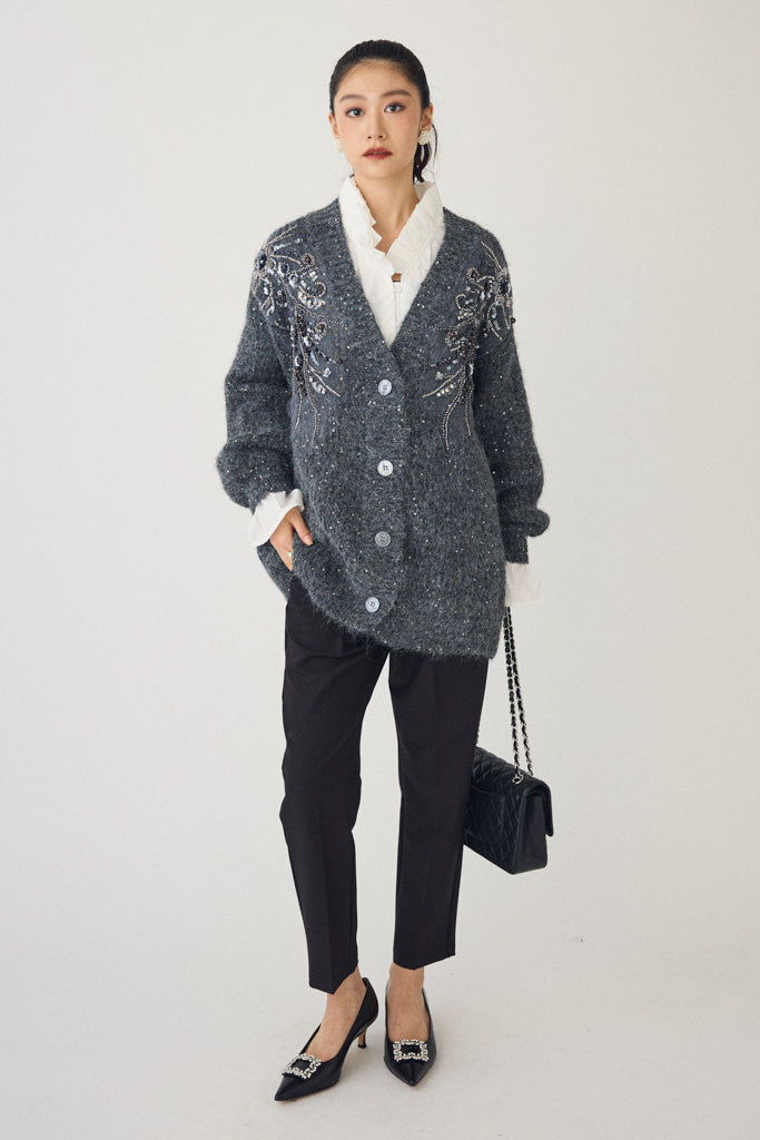 [予約]ビーズフラワースパンコールシャイニーニットカーデ