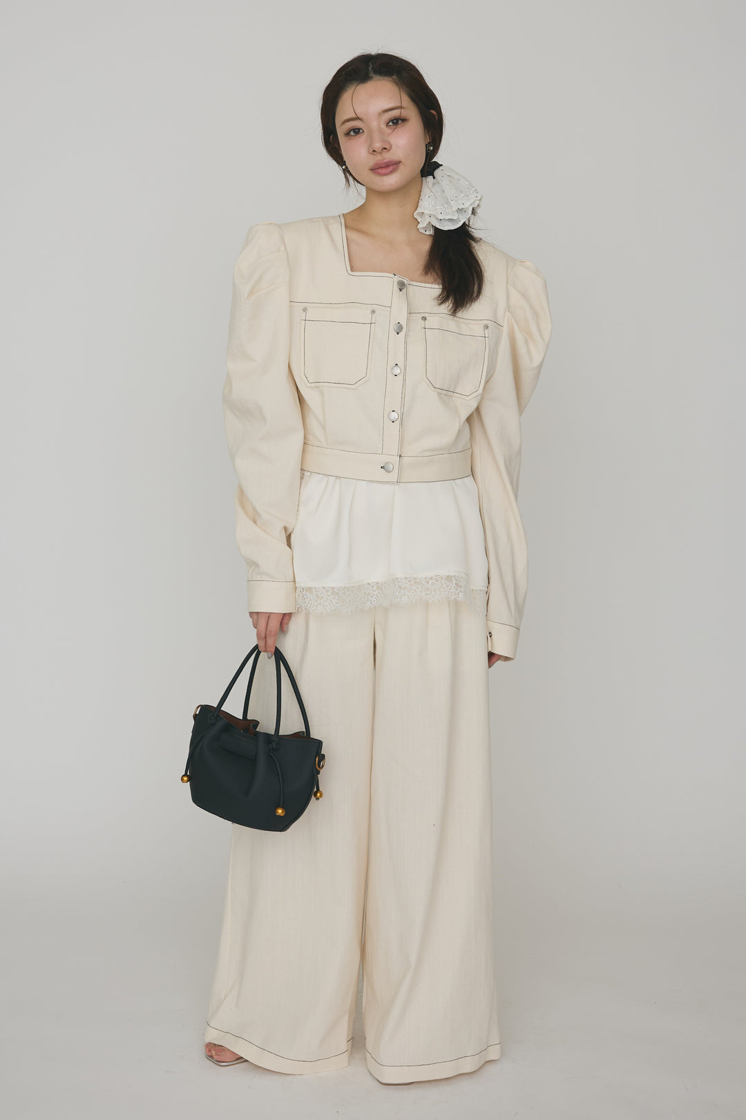 [予約]ステッチデザインハイウエストデニムパンツ