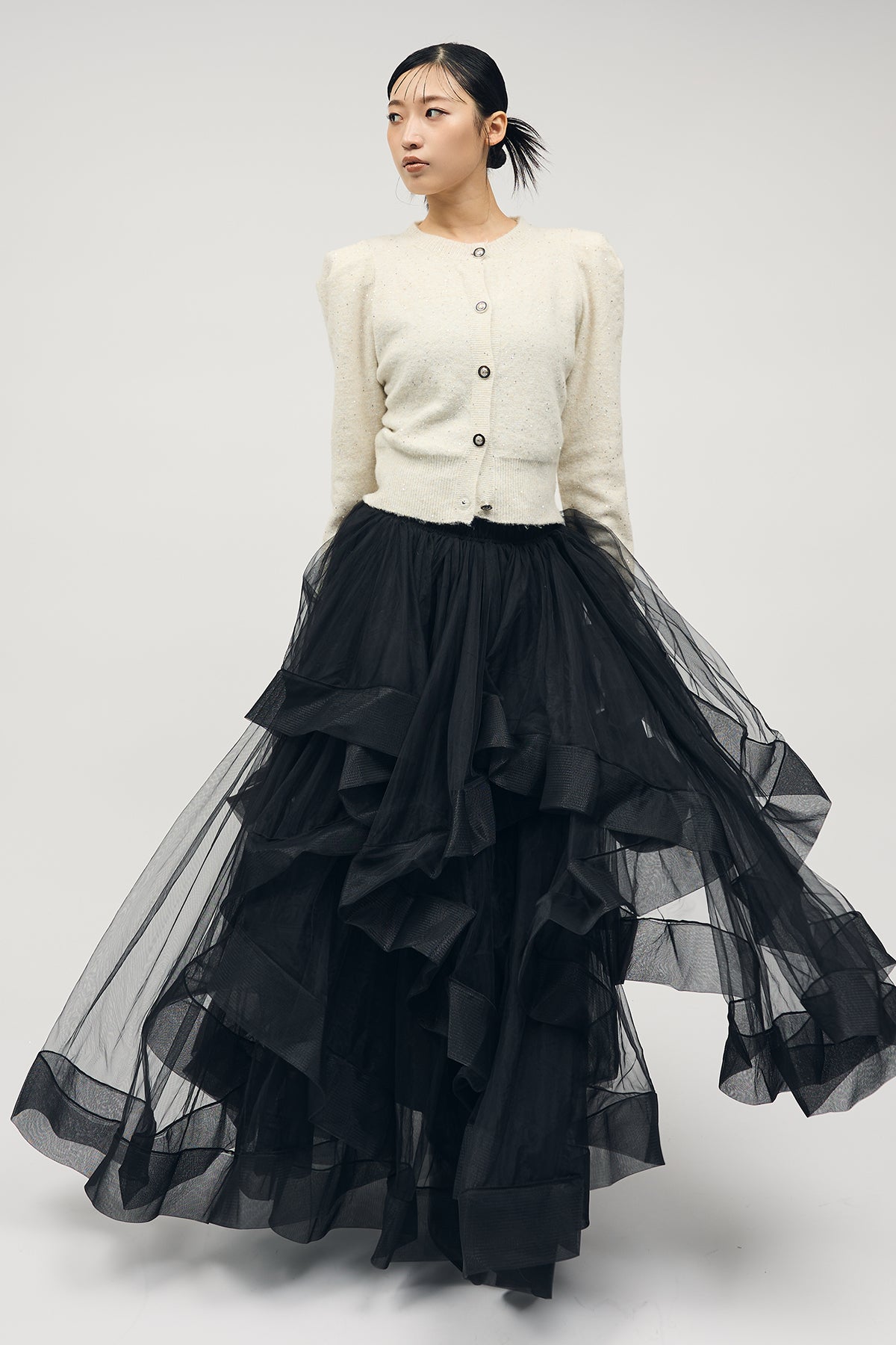 予約/SET]パワショルシャイニーウールニットカーデ+ランダムフリル