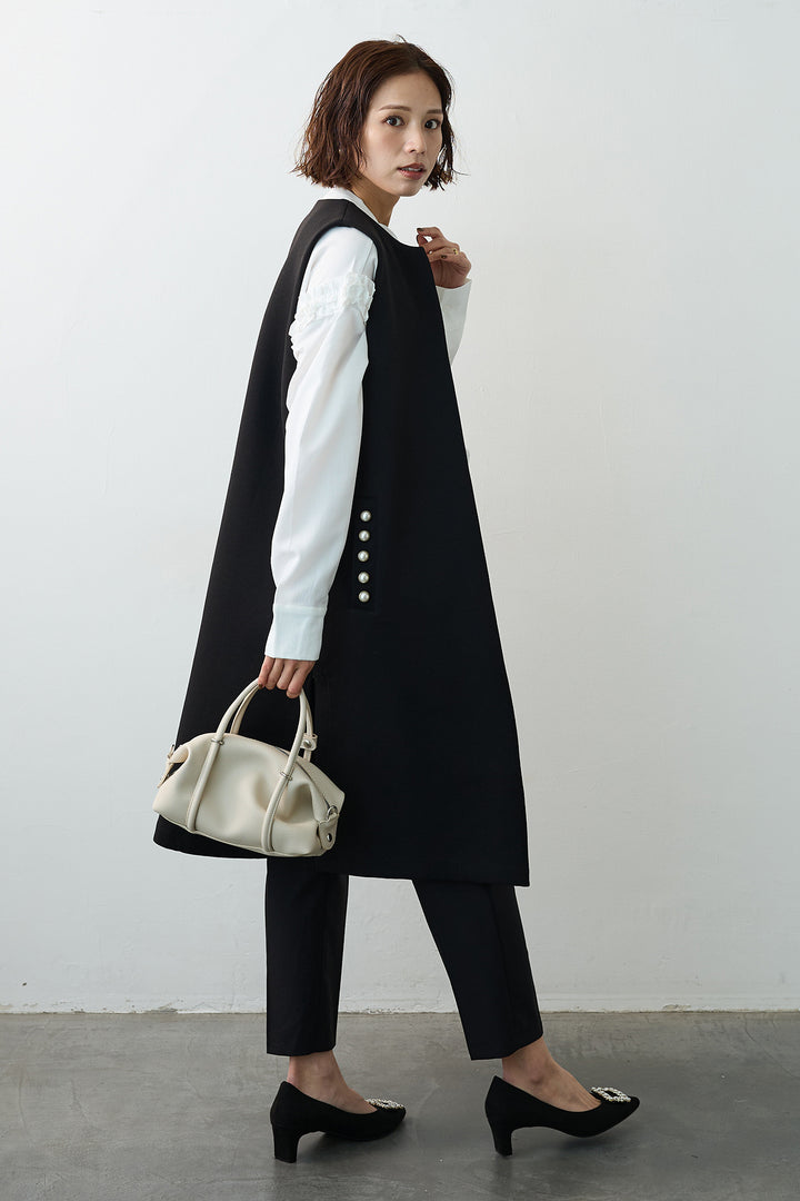 [予約/SET]Iラインフリルホイップブラウス+ポケットパール付きボンディングロングベスト(2set)