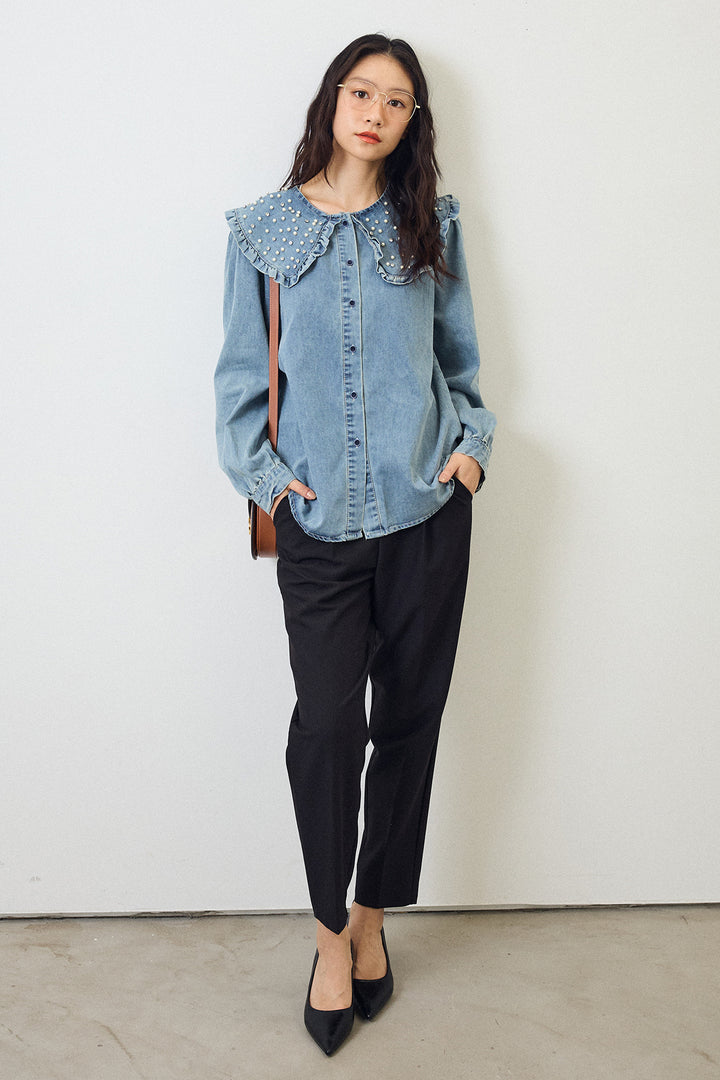 [予約/SET]パールBIGカラーデニムシャツ+タックテーパードパンツ(2set)