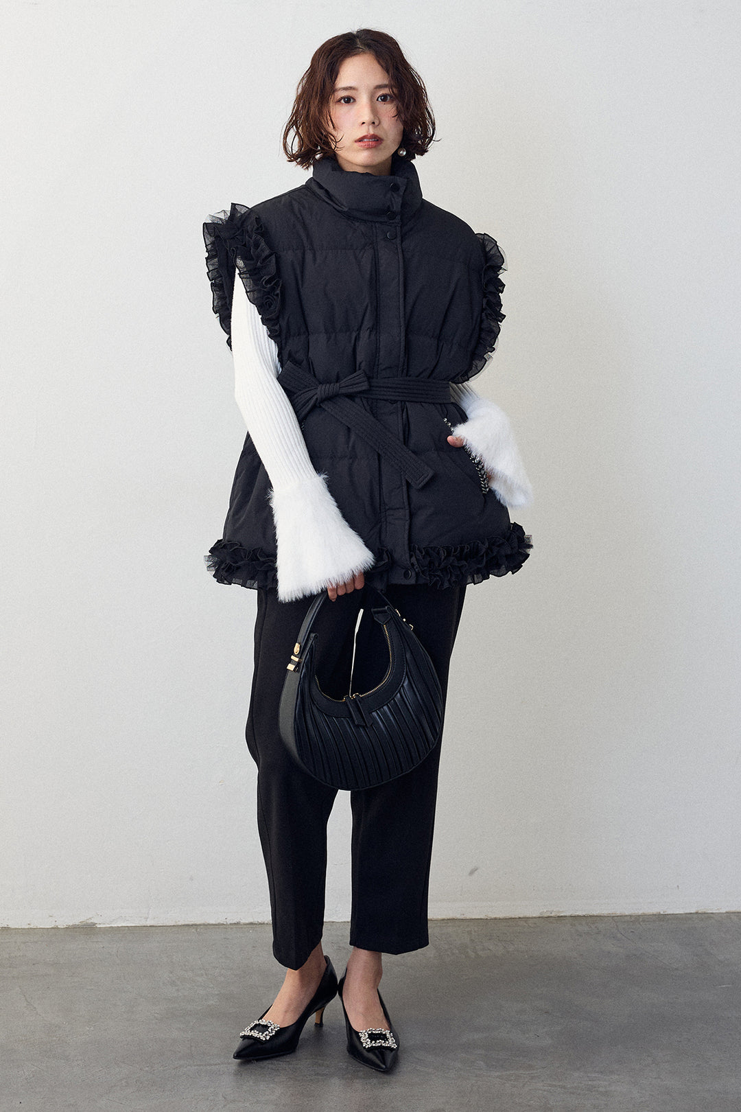 [予約/SET]フェザー切替スリーブフレアニット+フリルチュールスリーブ美ラインベスト(2set)