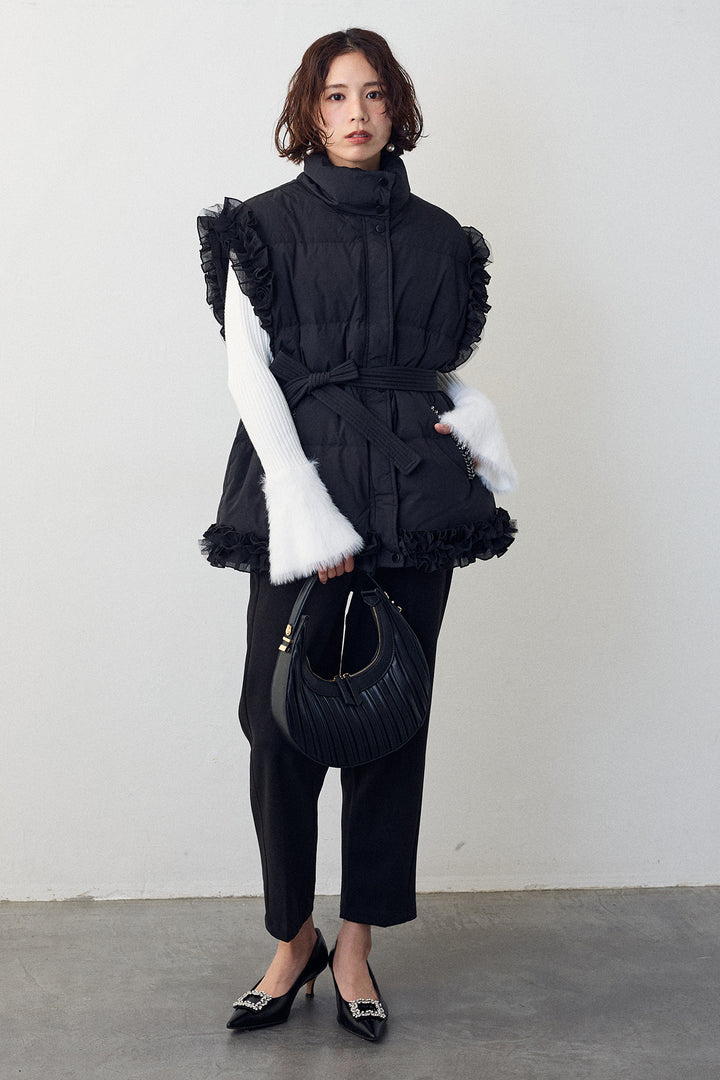 [予約/SET]フェザー切替スリーブフレアニット+フリルチュールスリーブ美ラインベスト(2set)