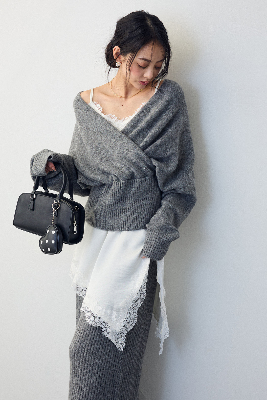 [予約/SET]カシュクール美ラインニットセットアップ+サテンレースアシメキャミ(2set)