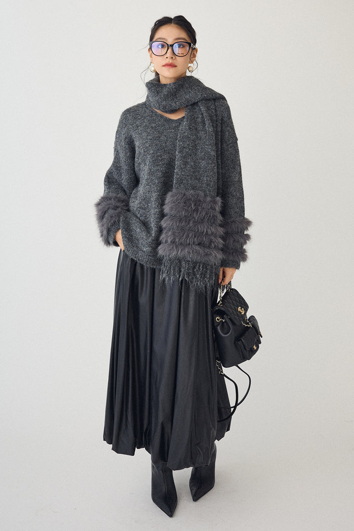 [予約/SET]マフラー付きファーラインデザインニットカーデ+レザーライクバルーンスカート(2set)